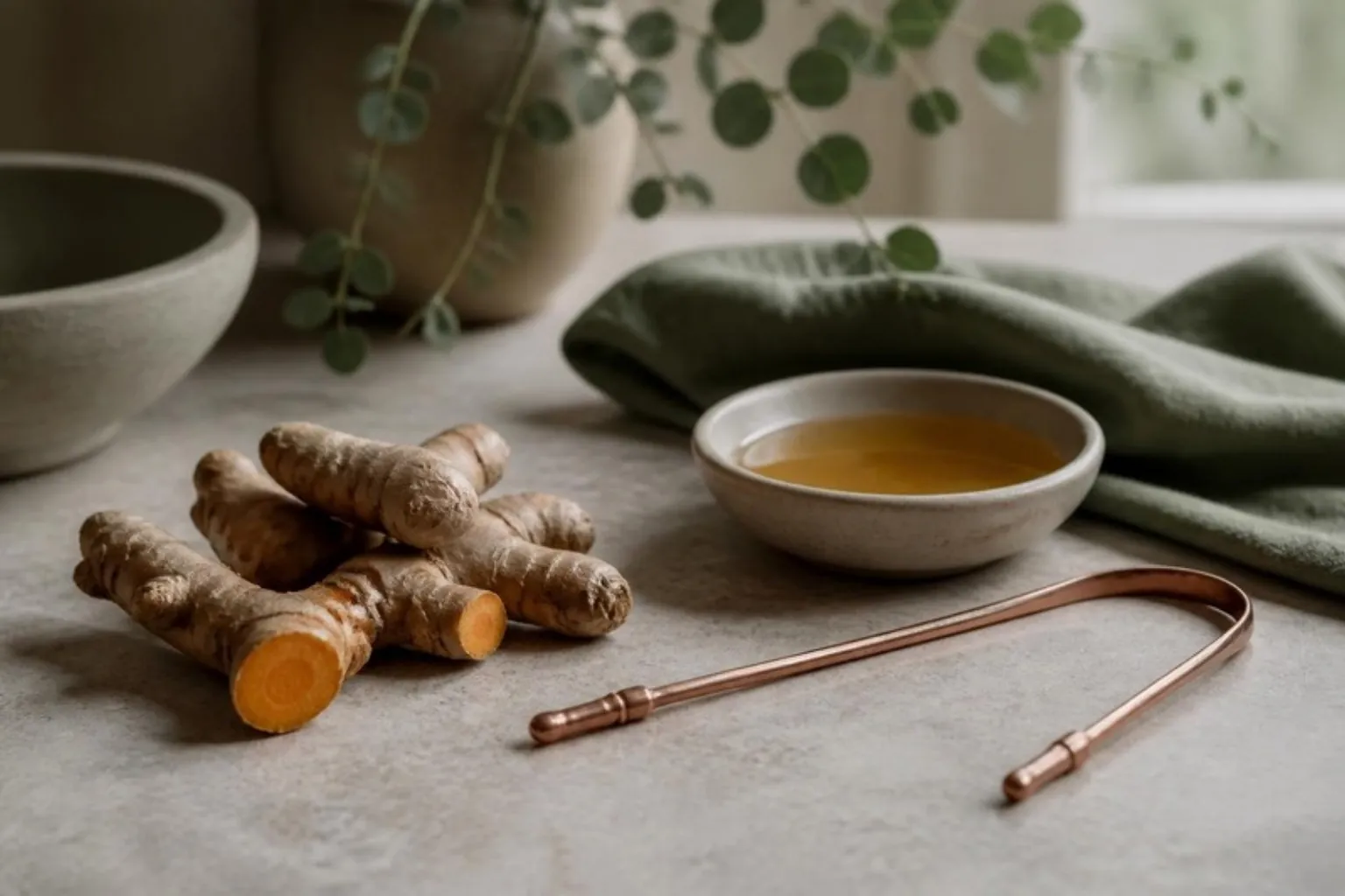 Turmeric root, a small copper tongue scraper and a bowl of sesame oil on a stone surface