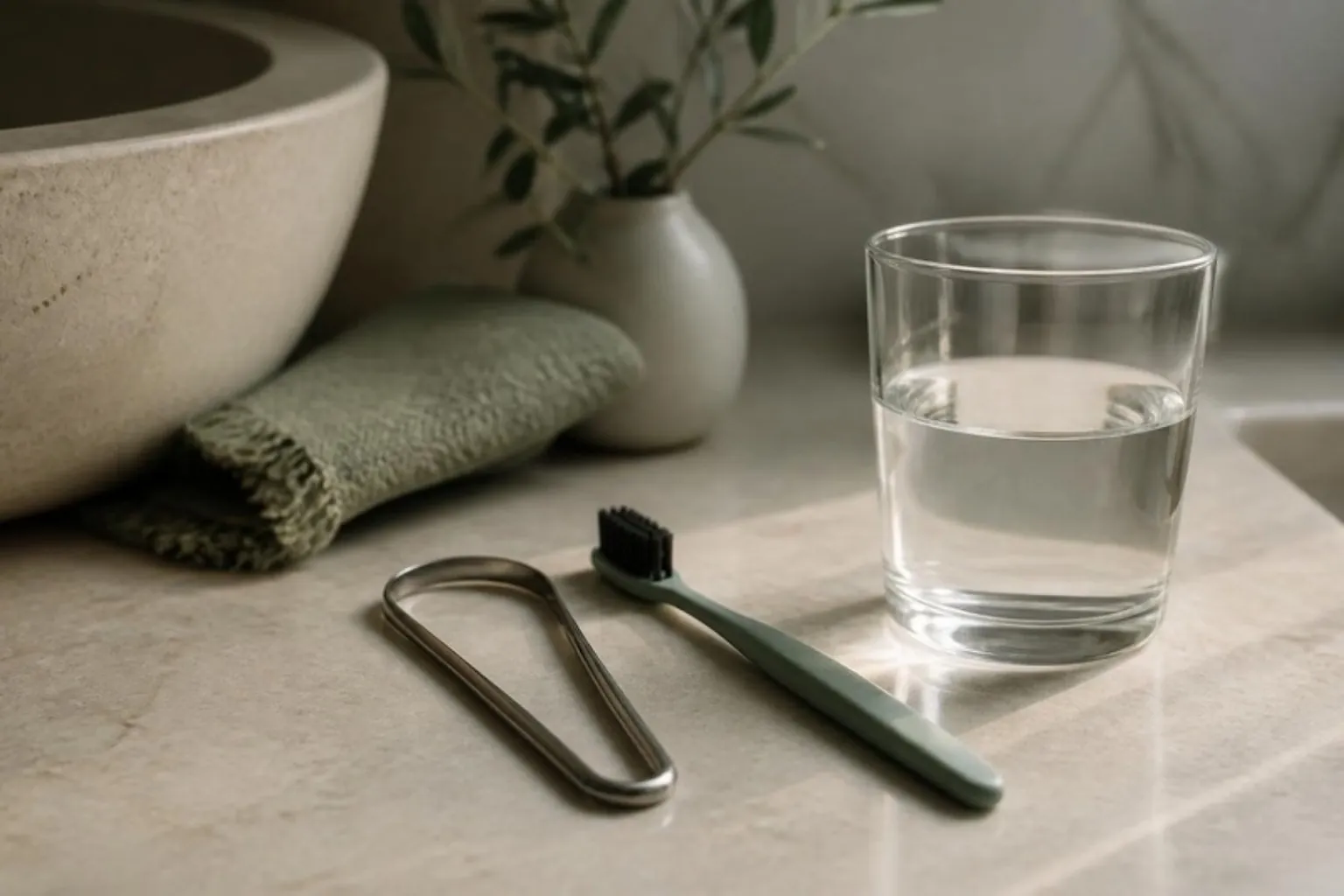A tongue scraper, toothbrush and glass of water on a bathroom counter