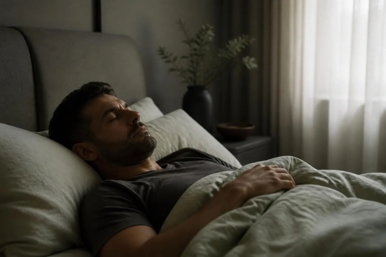 A man asleep with a tense jaw, dim bedroom light