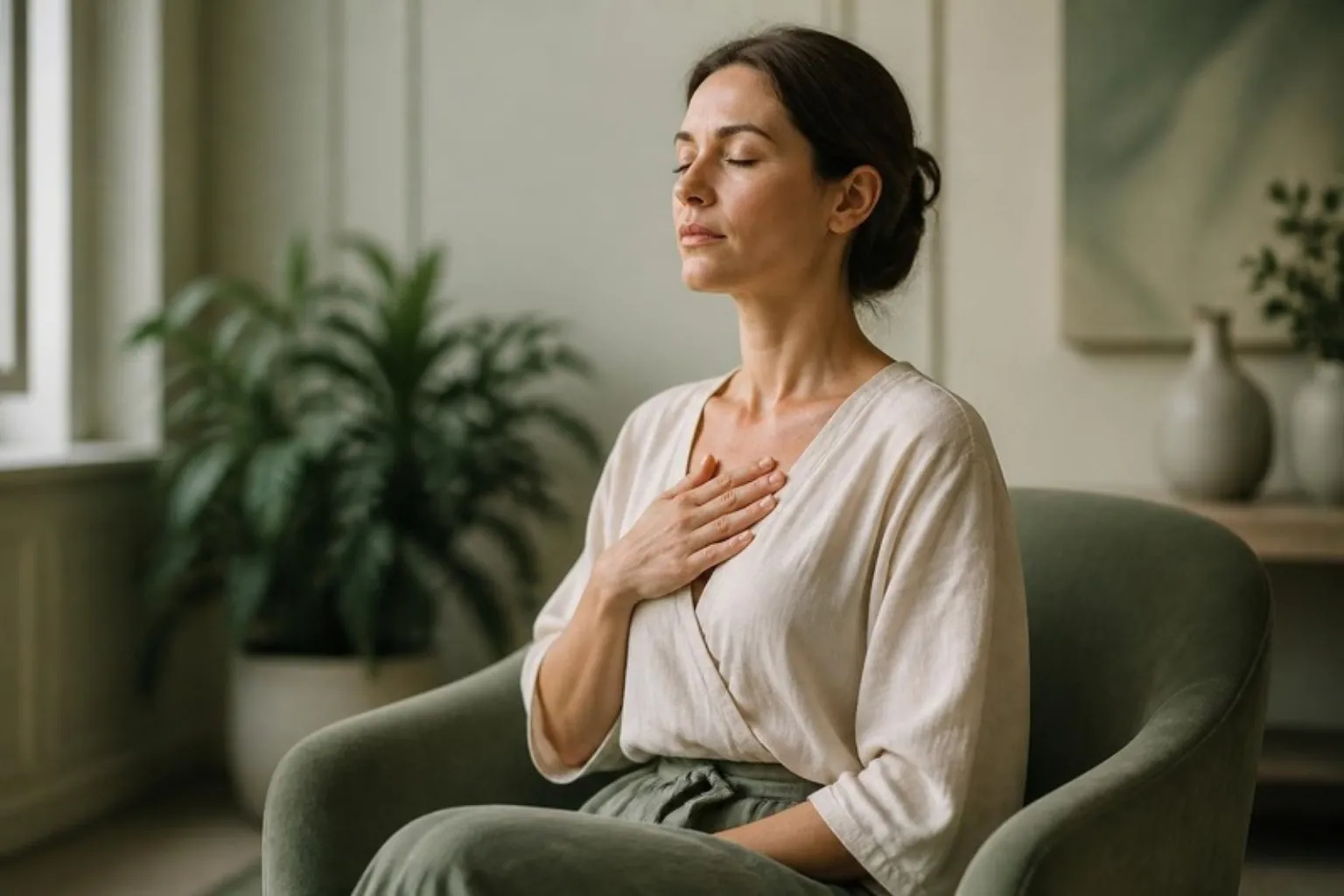A woman sitting with a hand on her chest taking a slow breath, eyes closed, soft light