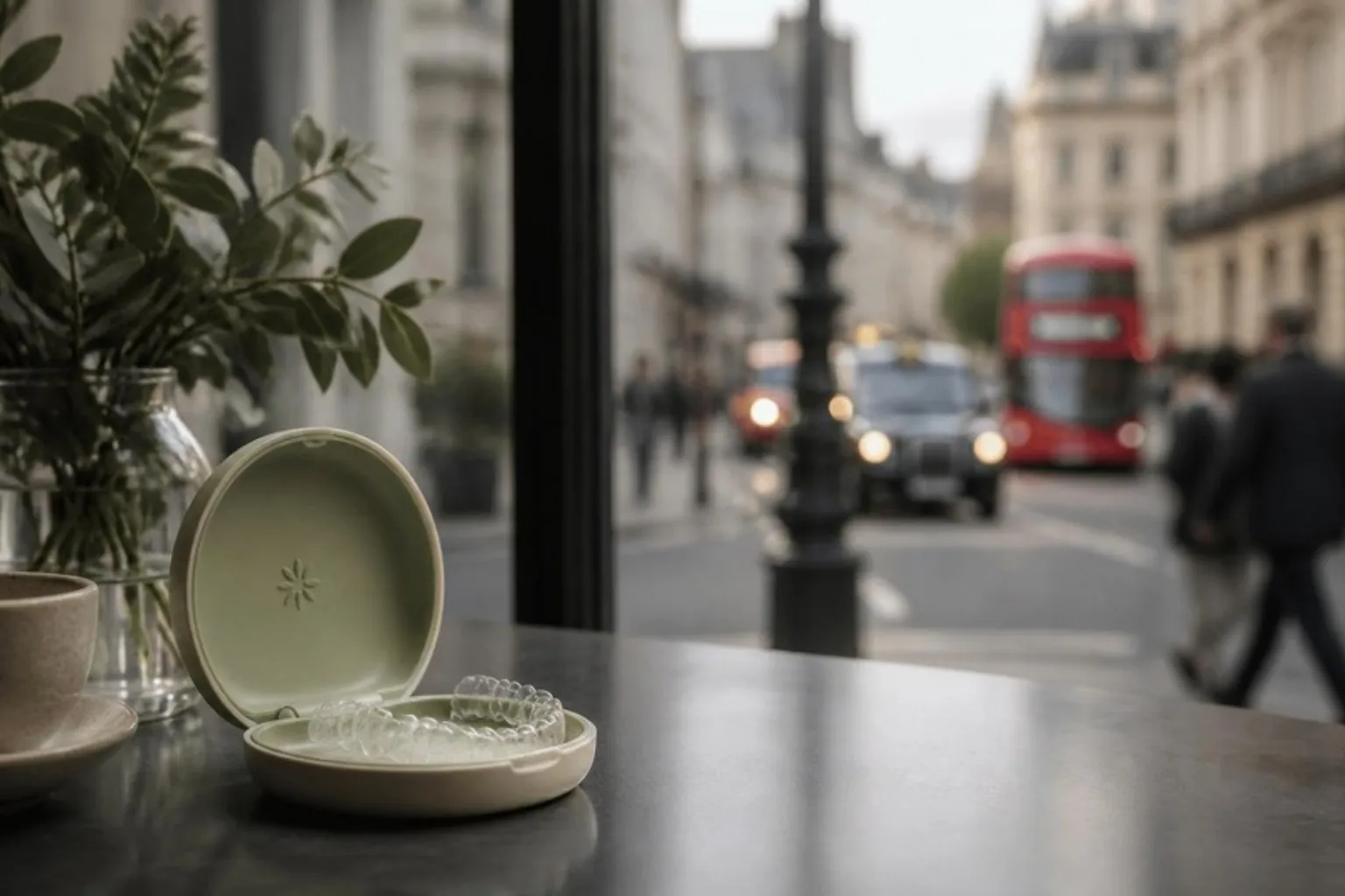 A clear aligner case on a cafe table with a London street softly blurred behind