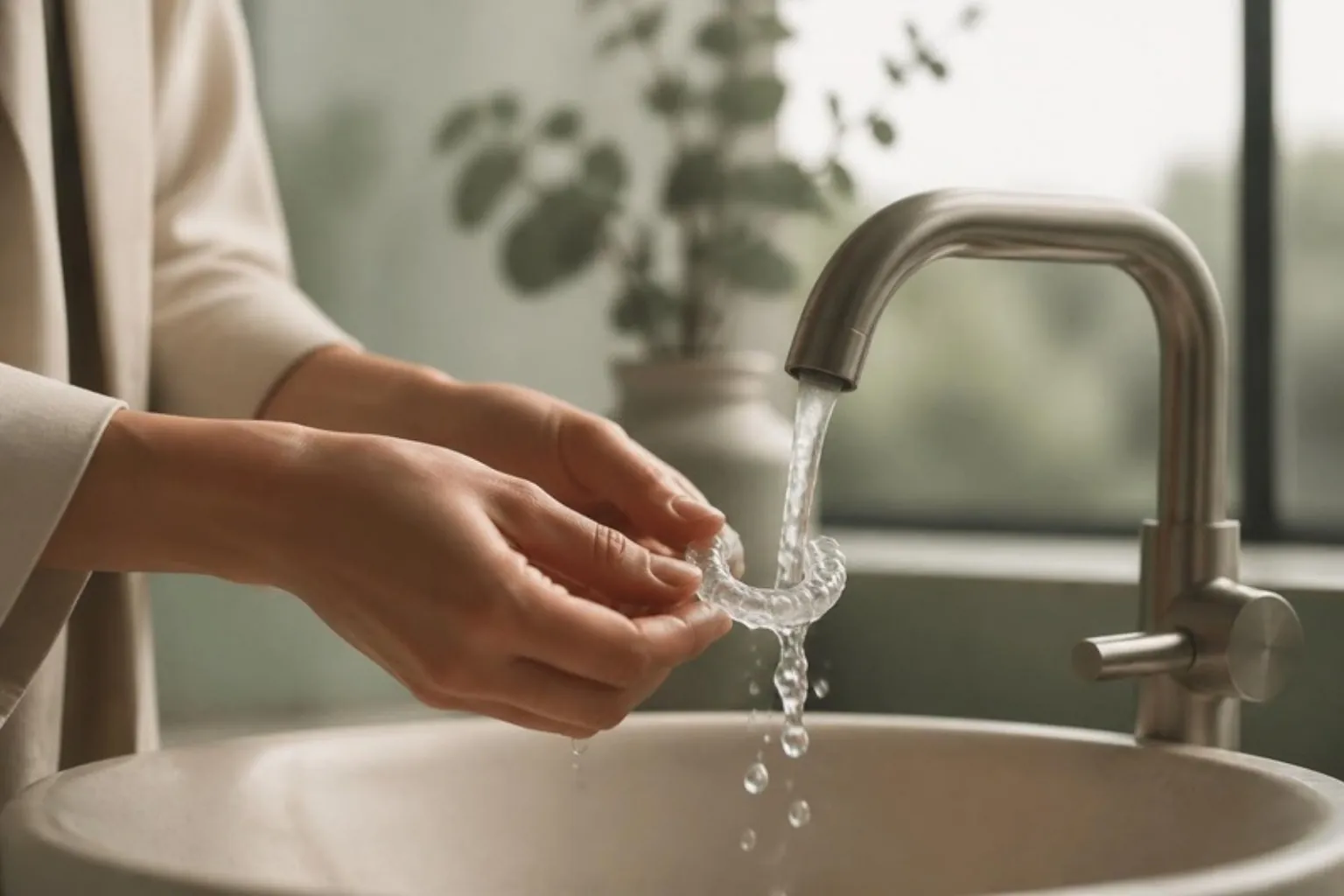 A clear aligner being rinsed under a bathroom tap