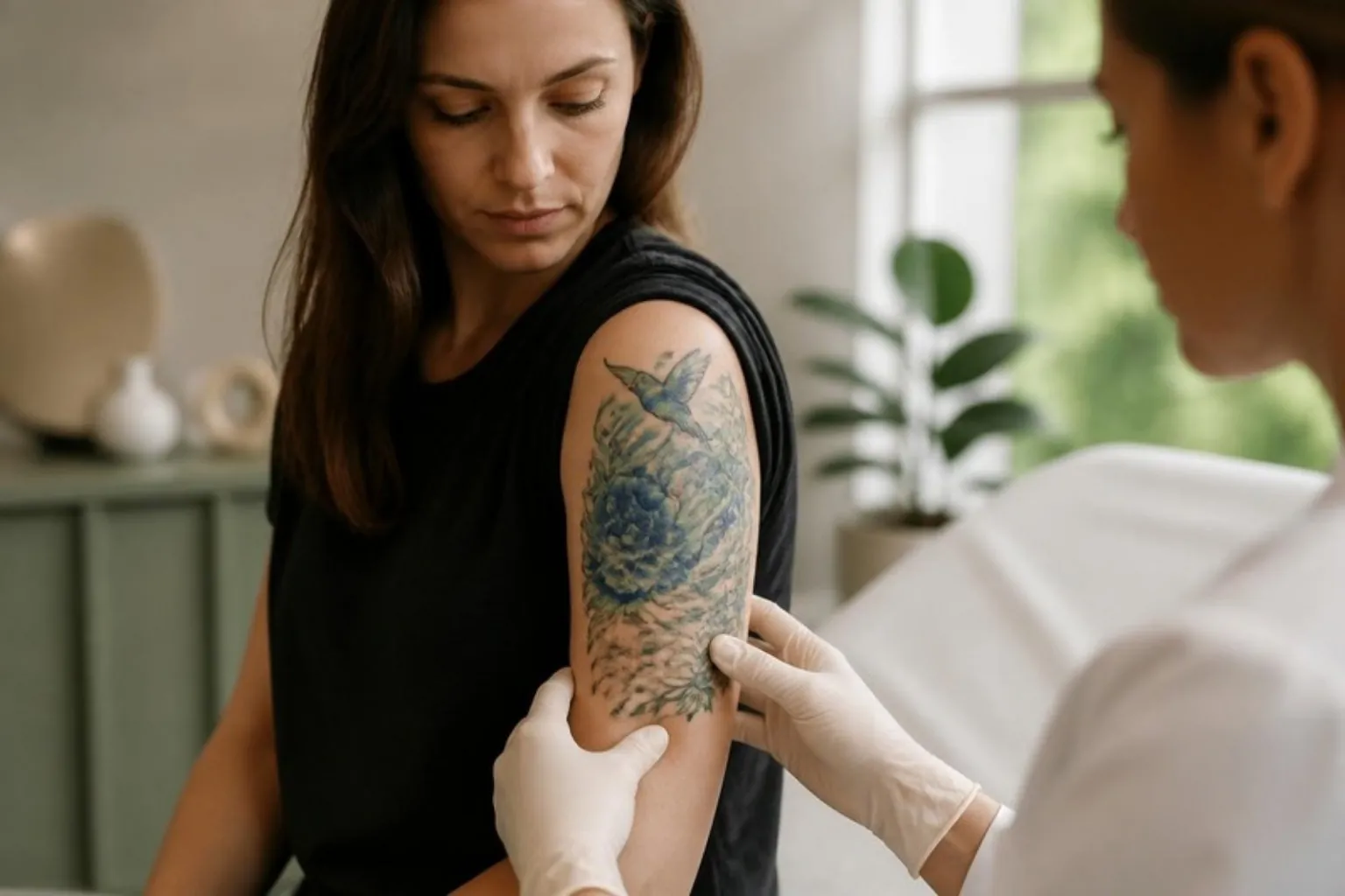 A colourful blue and green tattoo on an upper arm, clinician in gloves assessing it, calm treatment room