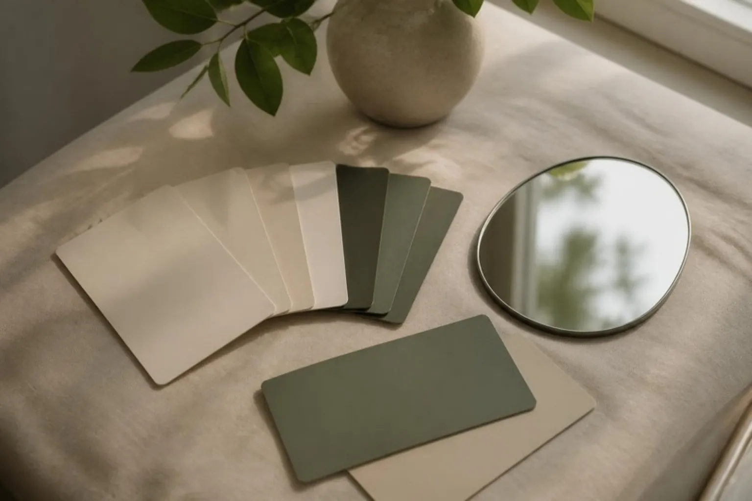 Composite shade tabs and a small mirror on cream linen
