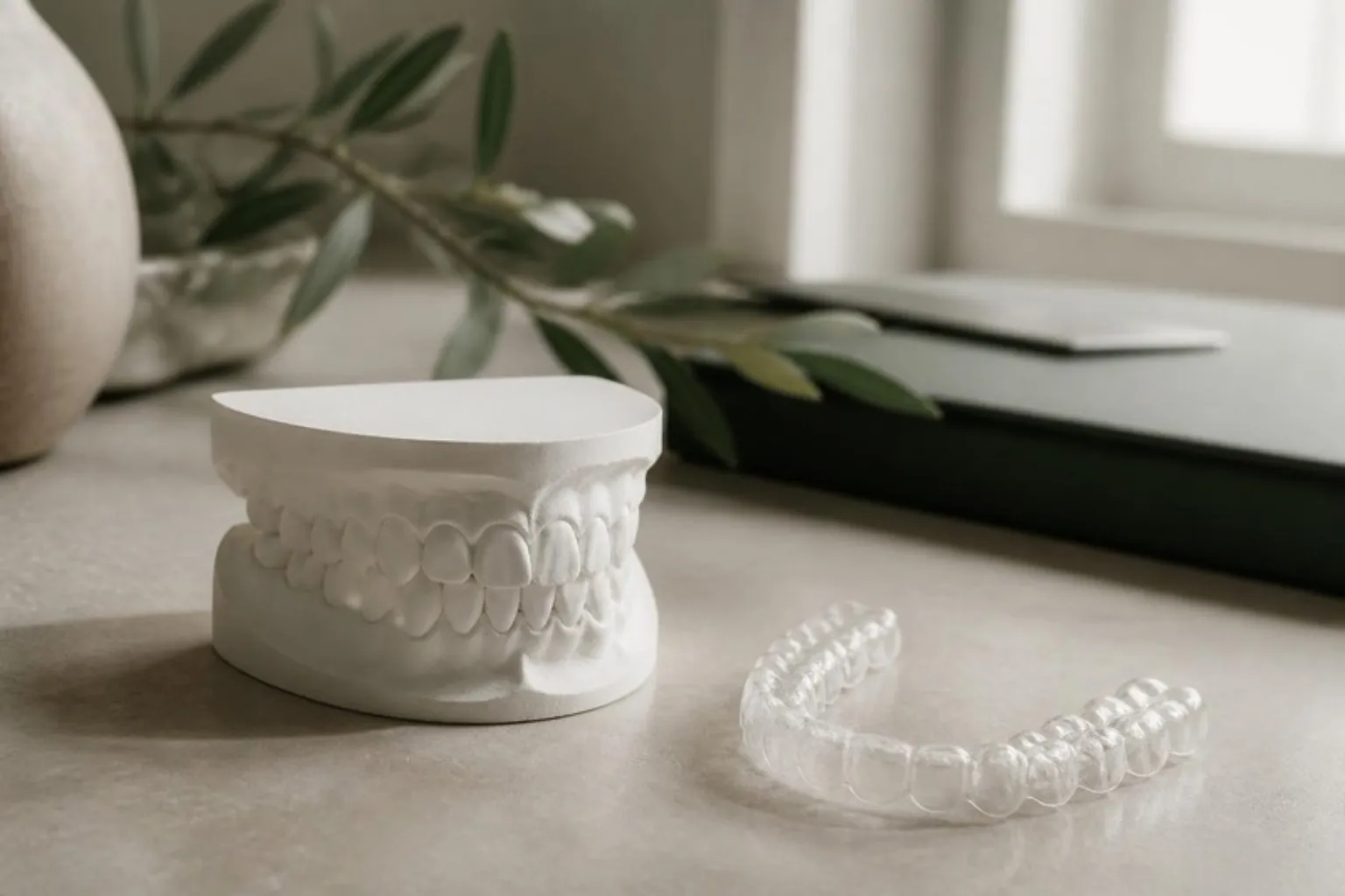 A white dental model with slightly crowded lower front teeth beside a clear aligner