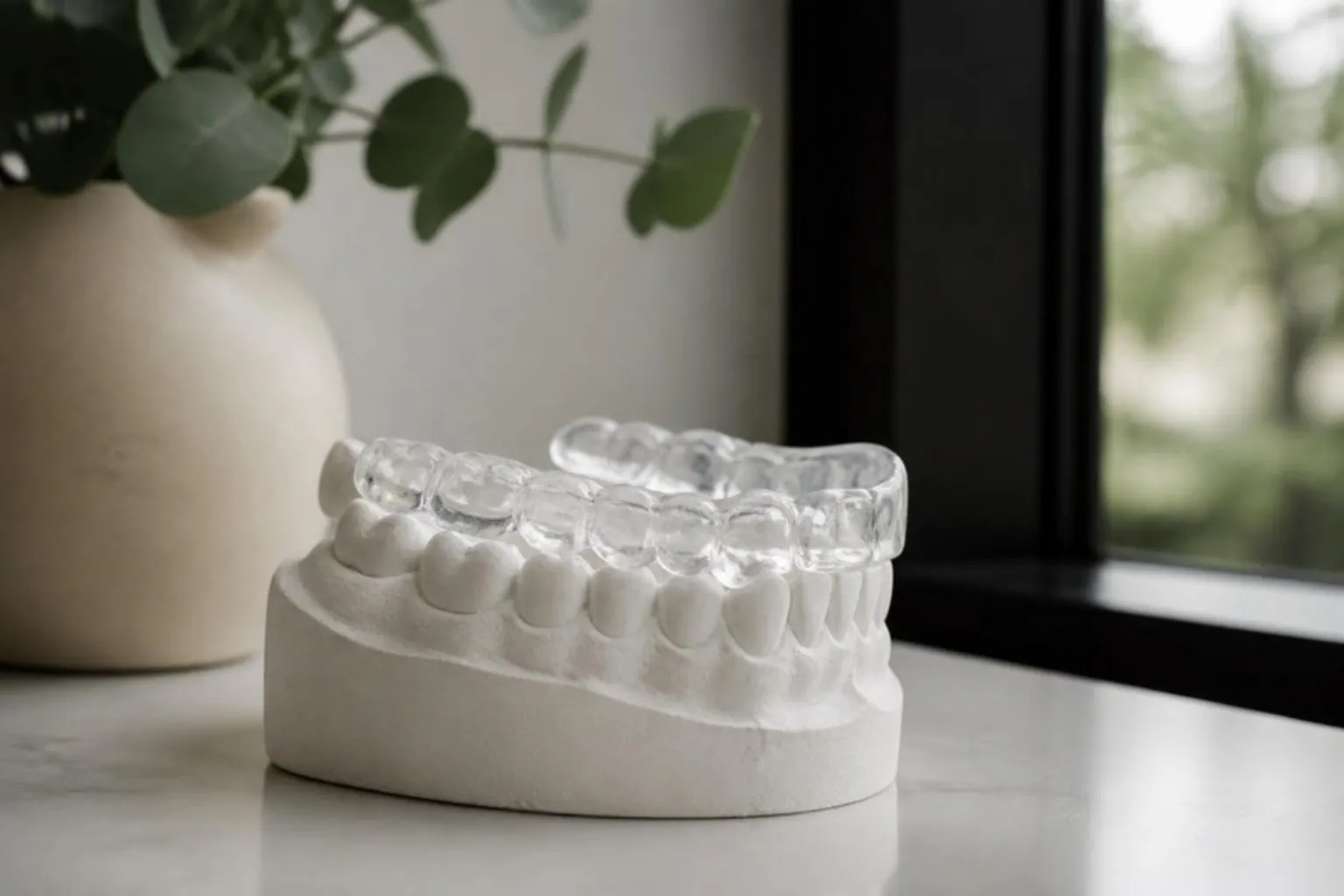 A clear hard occlusal splint resting on a white dental model