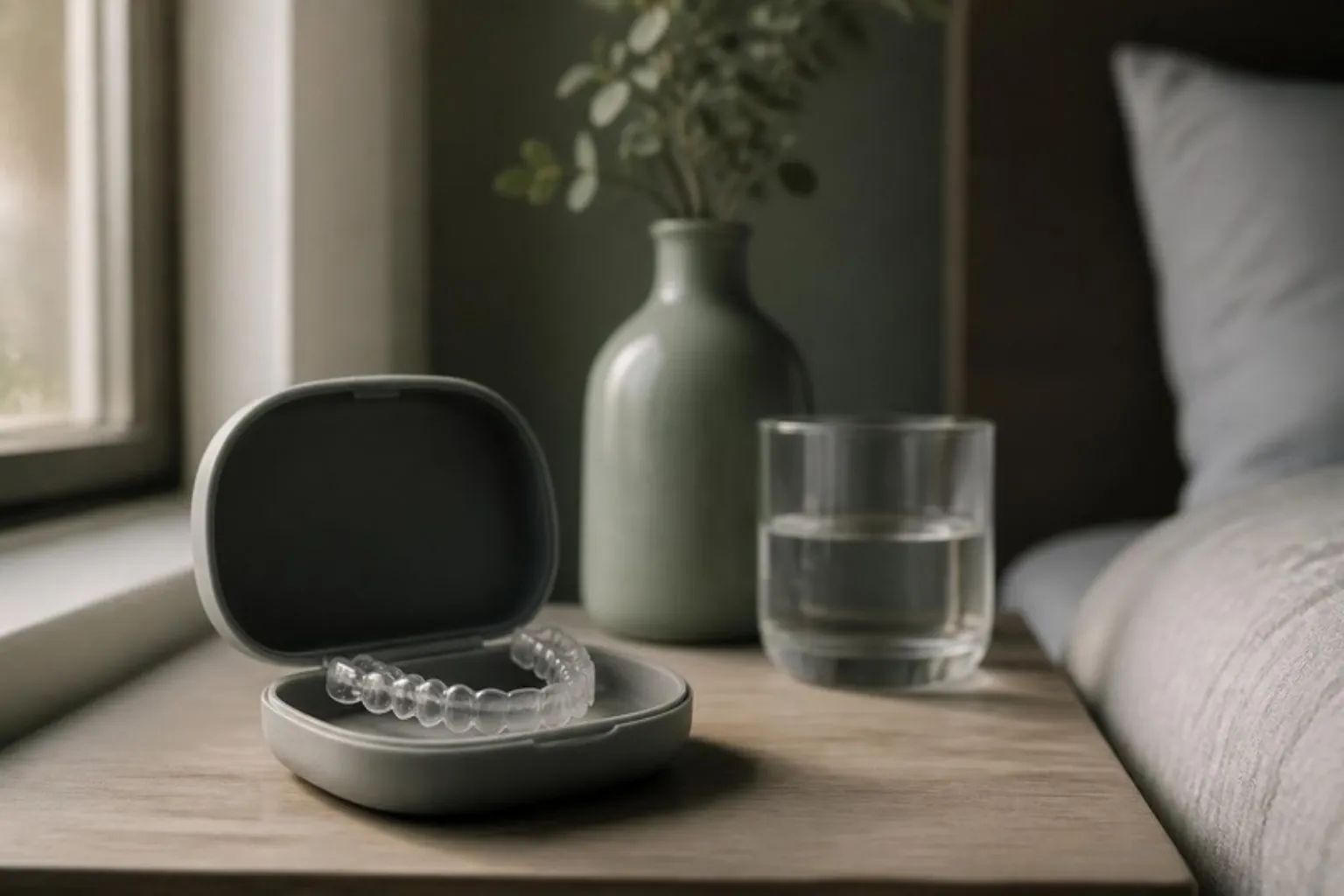 A custom clear oral appliance in a case on a bedside table