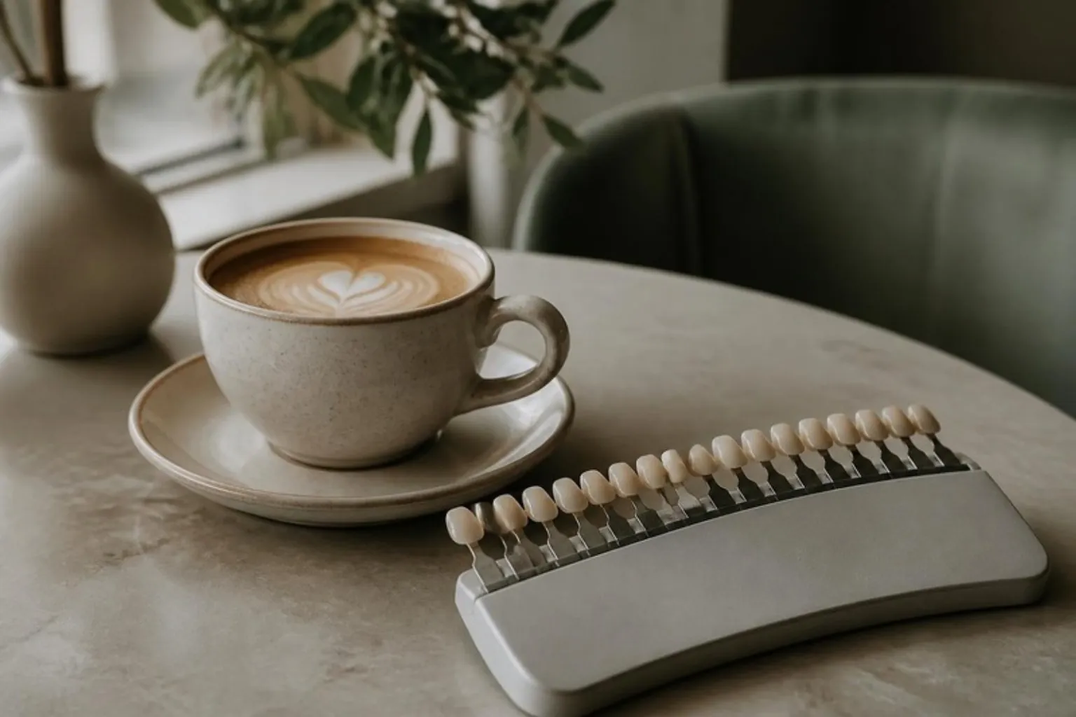 A cup of coffee beside a smile shade guide on a cafe table