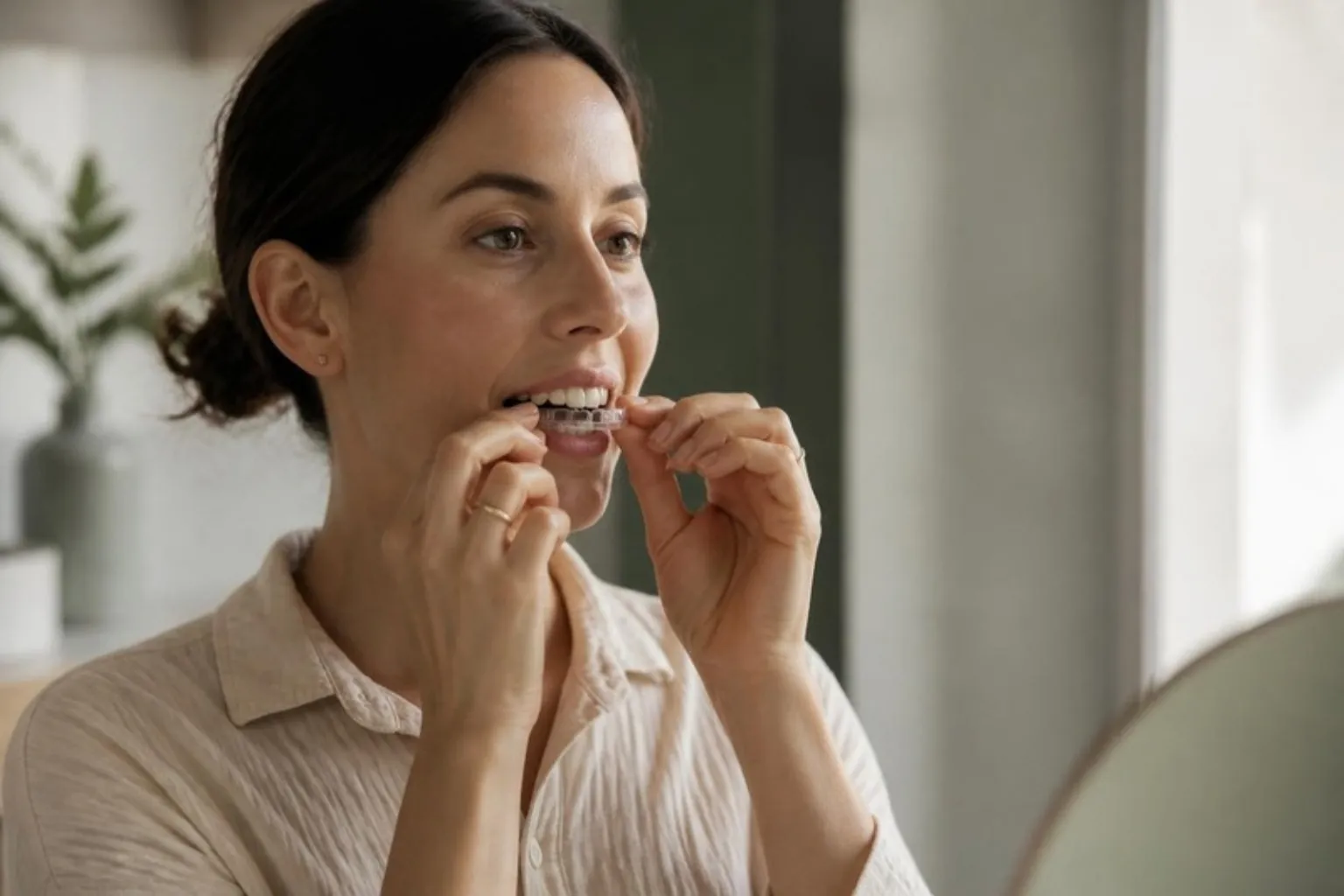 A woman putting in a clear aligner with a relaxed expression