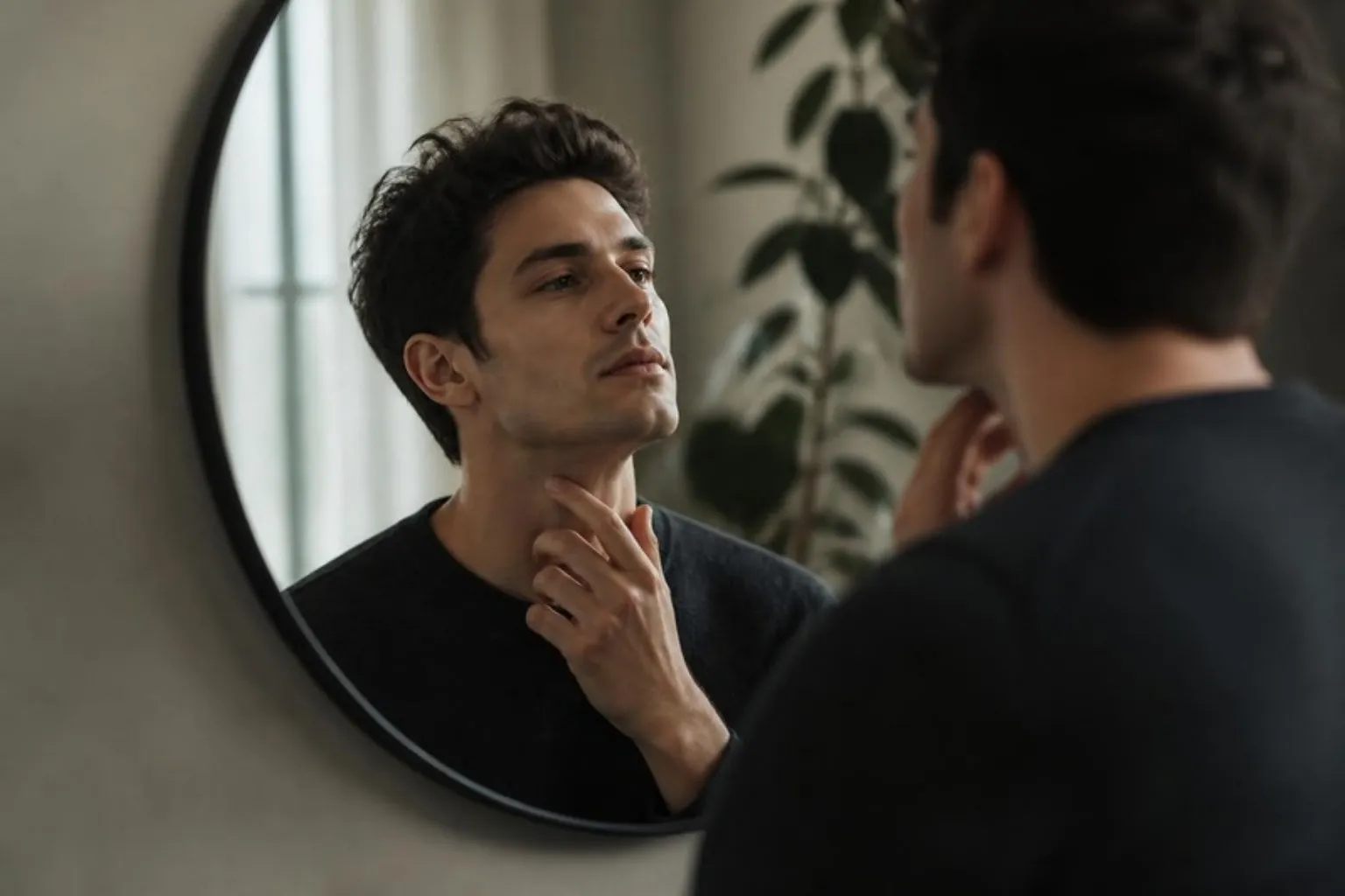 A young man looking thoughtfully at his jawline in a mirror