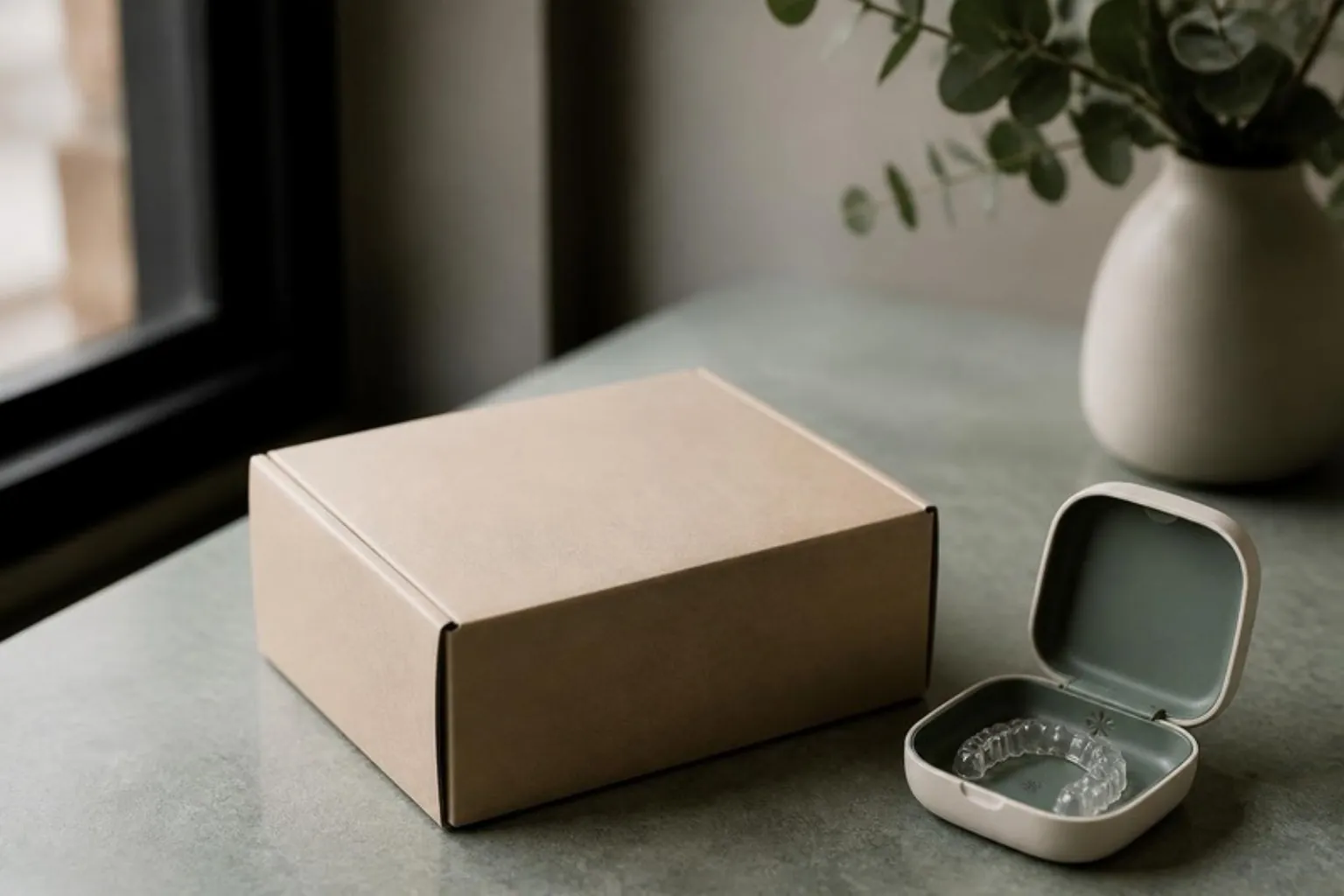 A cardboard mail-order box beside a clear aligner case on a table