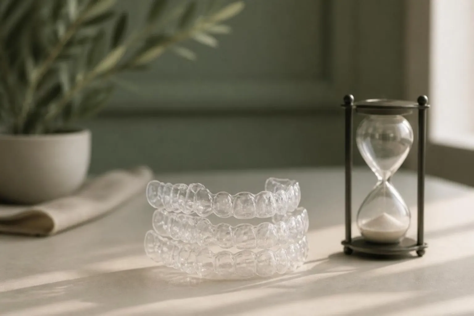 A stack of clear aligner trays and a small hourglass on a desk