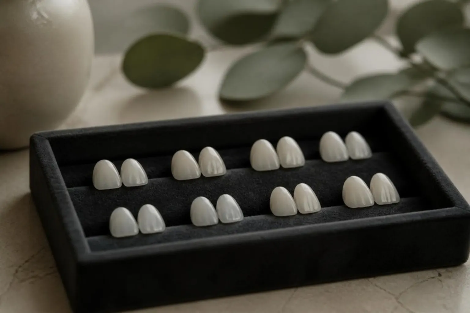 A set of porcelain veneer samples on a dark velvet tray