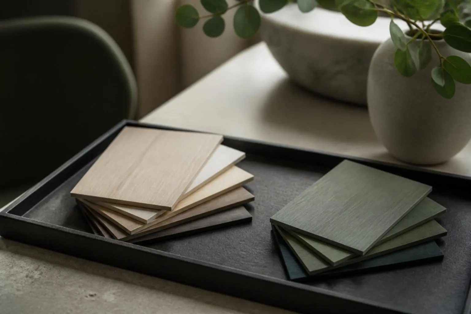 Two sets of veneer samples on a dark tray