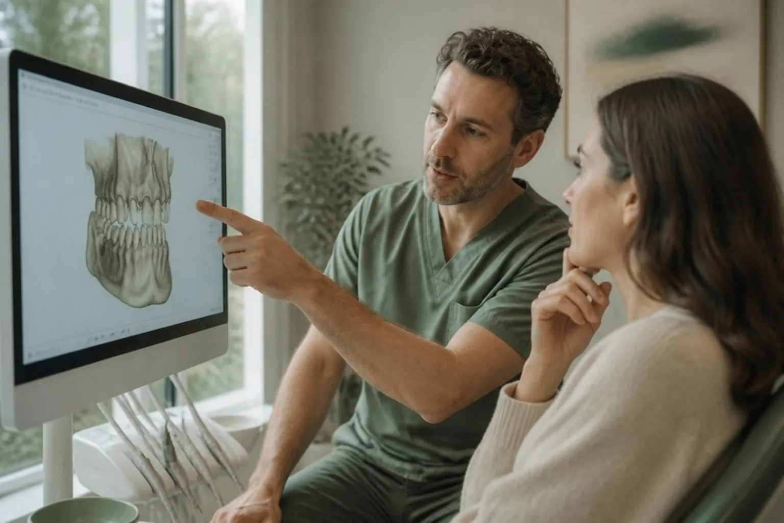 A dentist and patient looking at a 3D scan on a screen