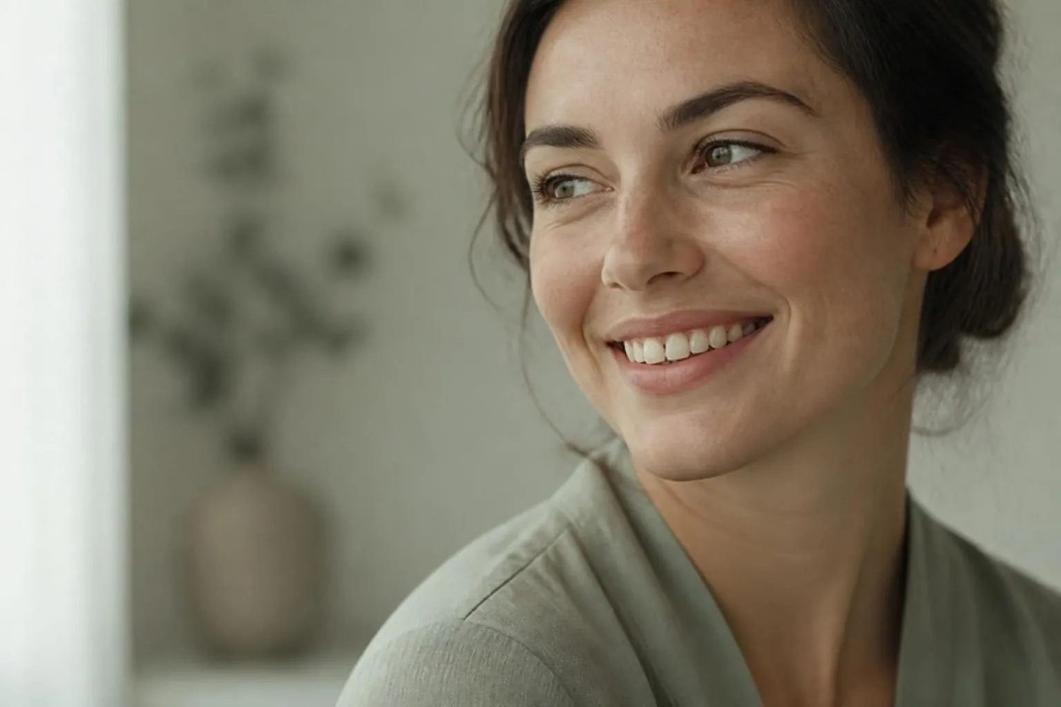 Close crop of a natural smile with a small gap between the front teeth