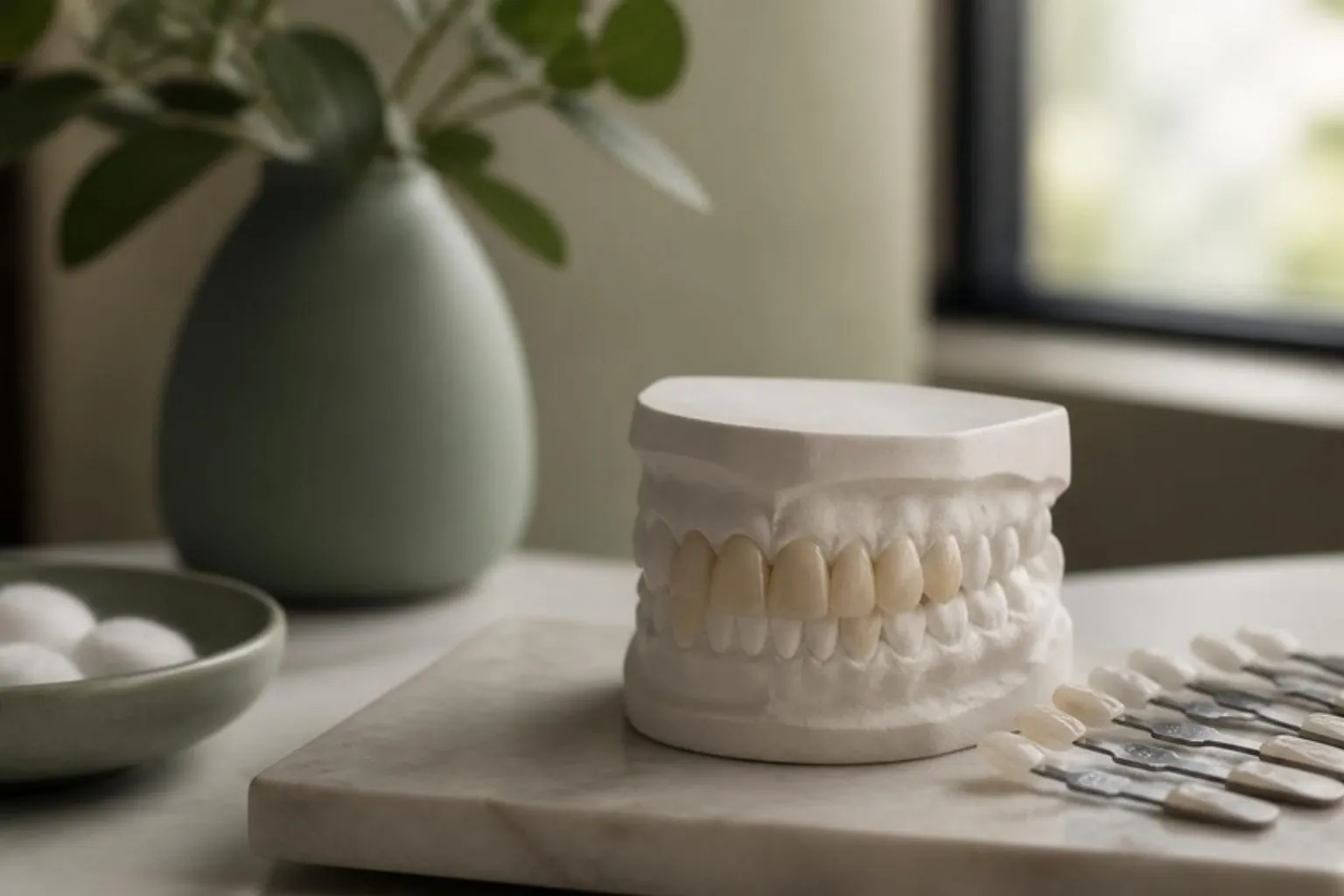 A white dental model with the front teeth highlighted, shade tabs beside it