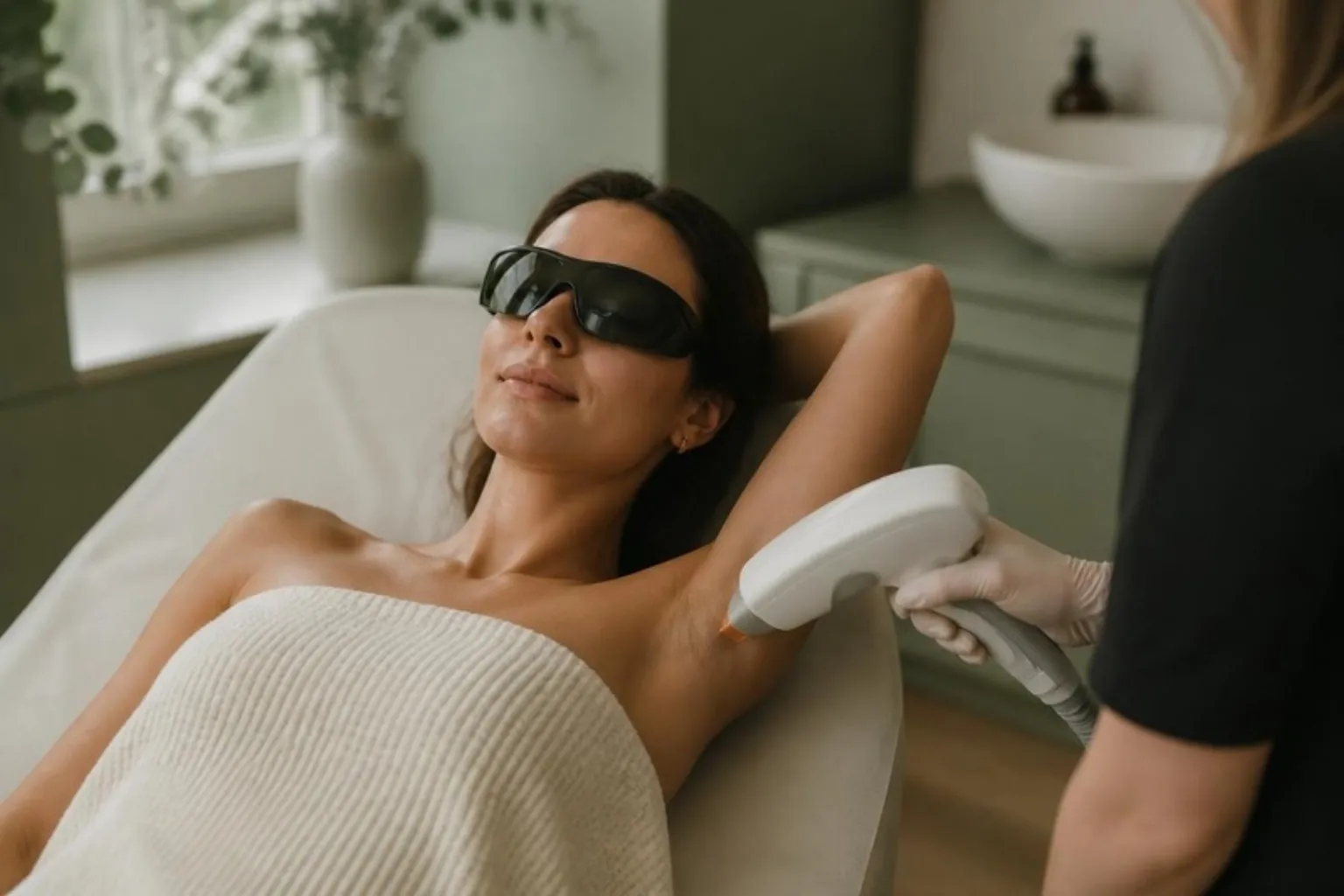 A woman relaxing on a treatment couch with protective goggles during laser treatment of the underarm