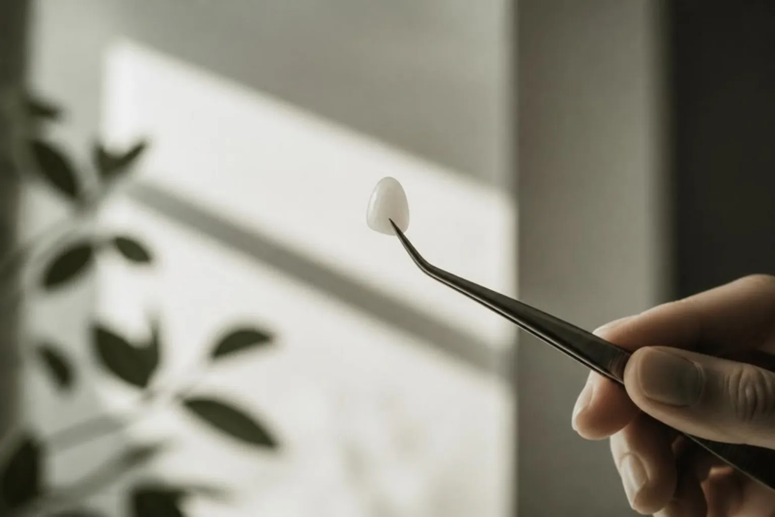 A single translucent ceramic veneer held in tweezers against soft light