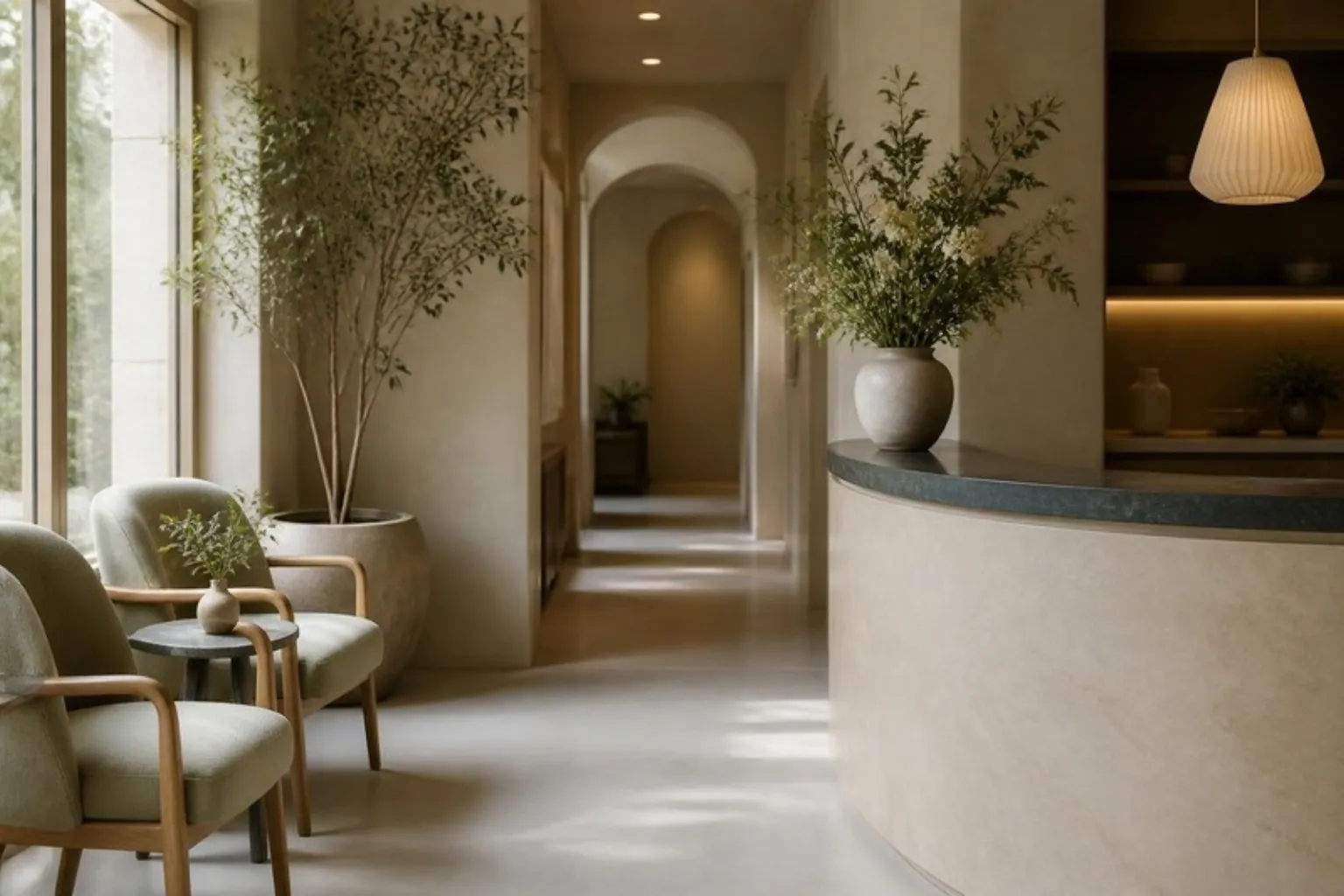 A calm, plant-filled clinic reception area with soft daylight