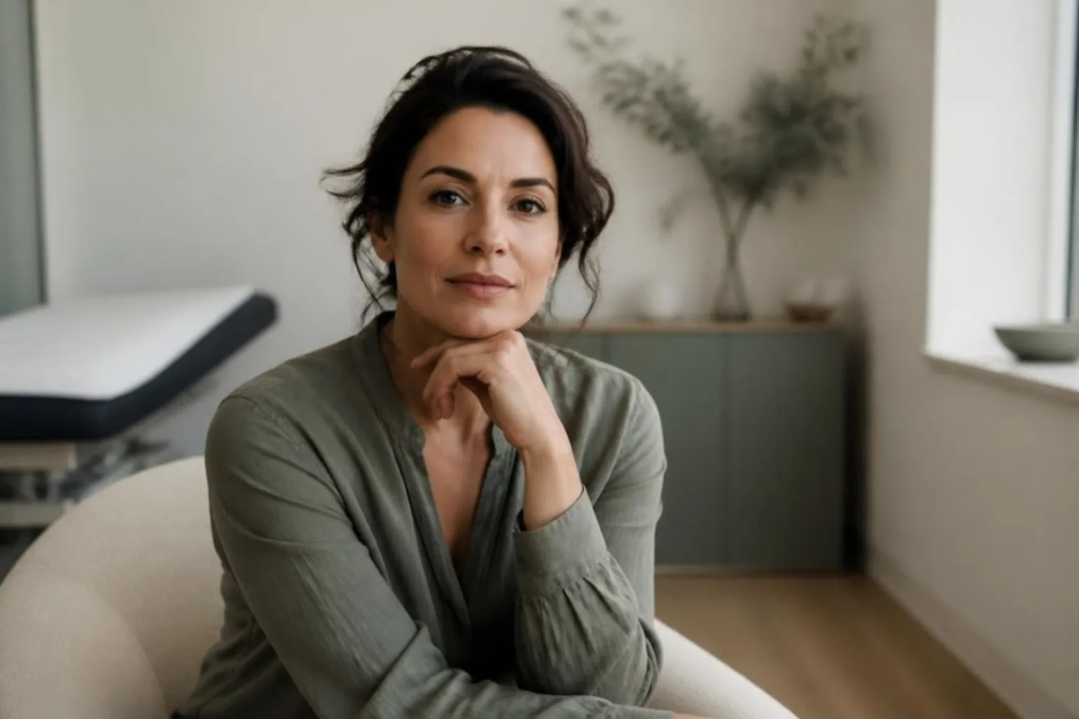A woman resting her chin on her hand, relaxed jaw