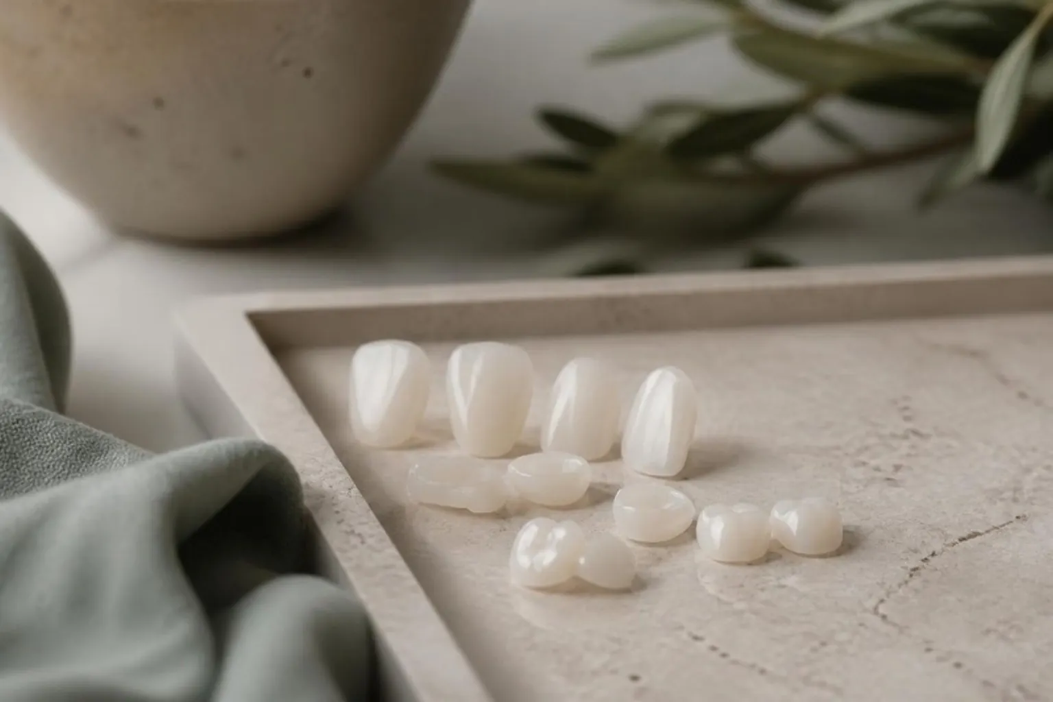 Porcelain veneer samples arranged on a stone tray