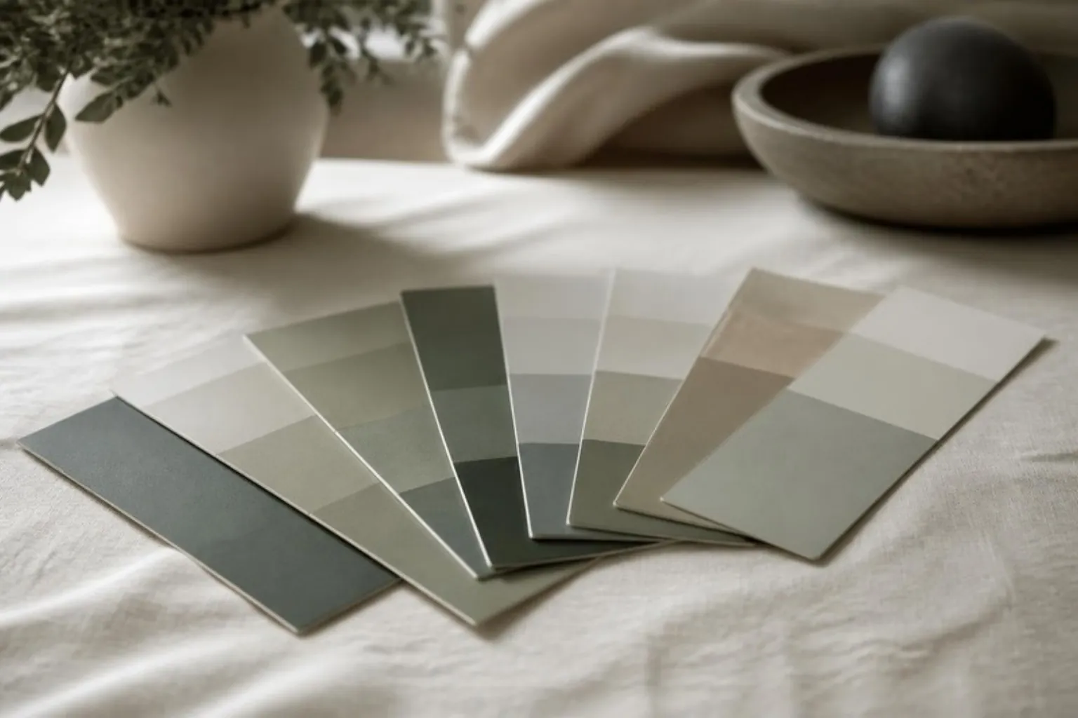 Composite shade tabs arranged on cream linen
