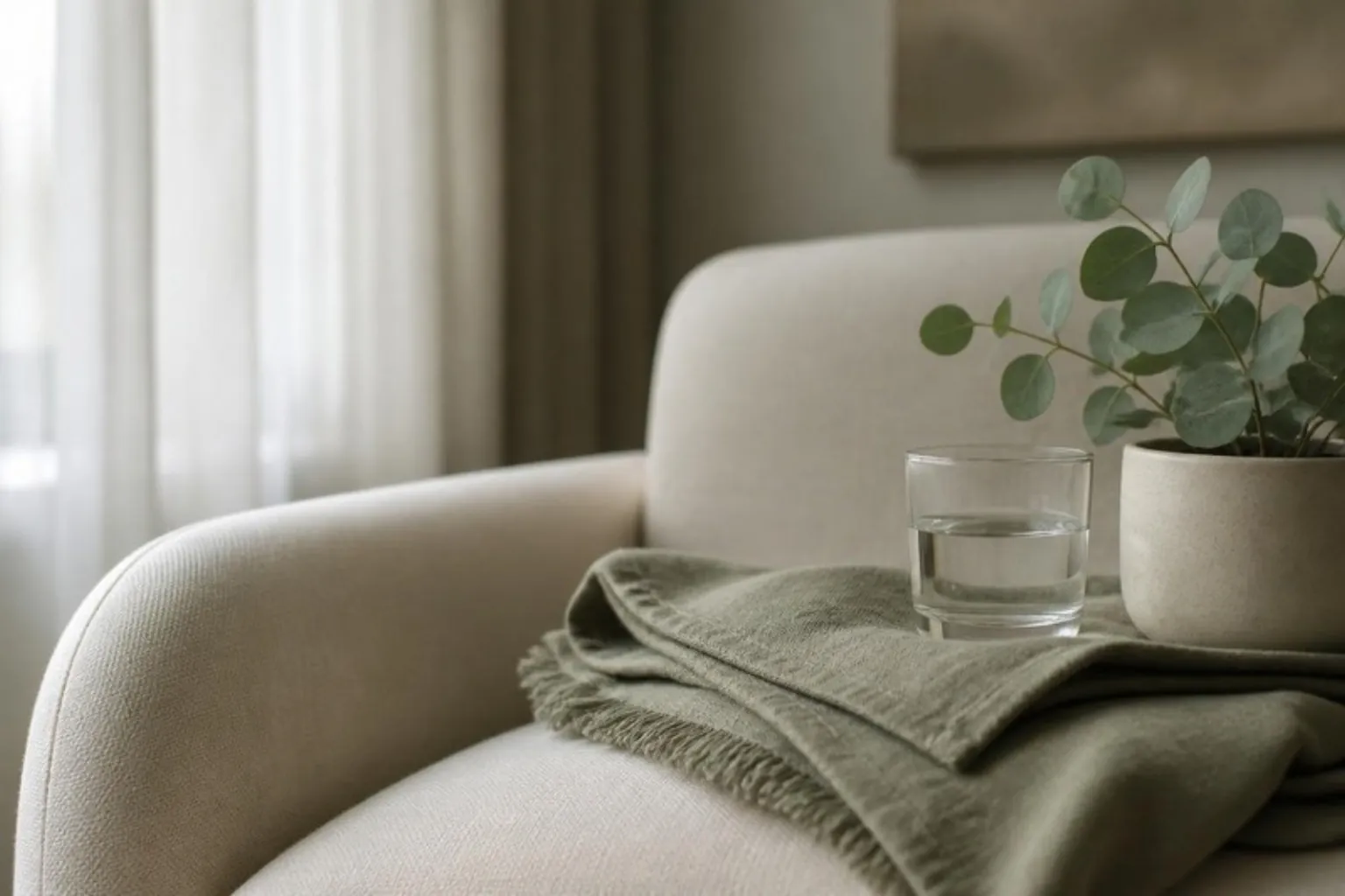 A linen throw, a glass of water and a plant on a sofa in soft daylight