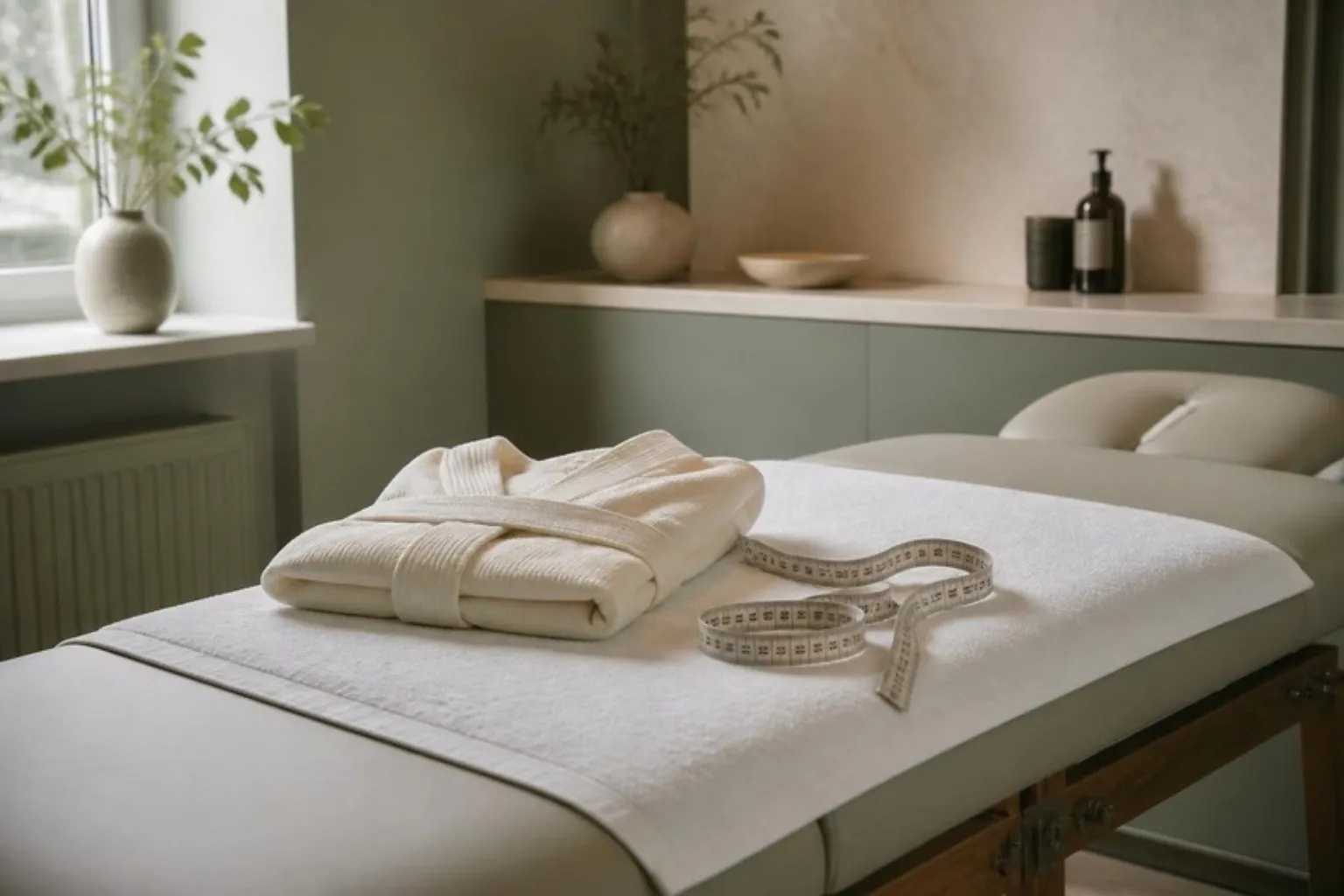 ONDA vs CoolSculpting: calm body-treatment room with a padded couch, folded robe and soft tape measure