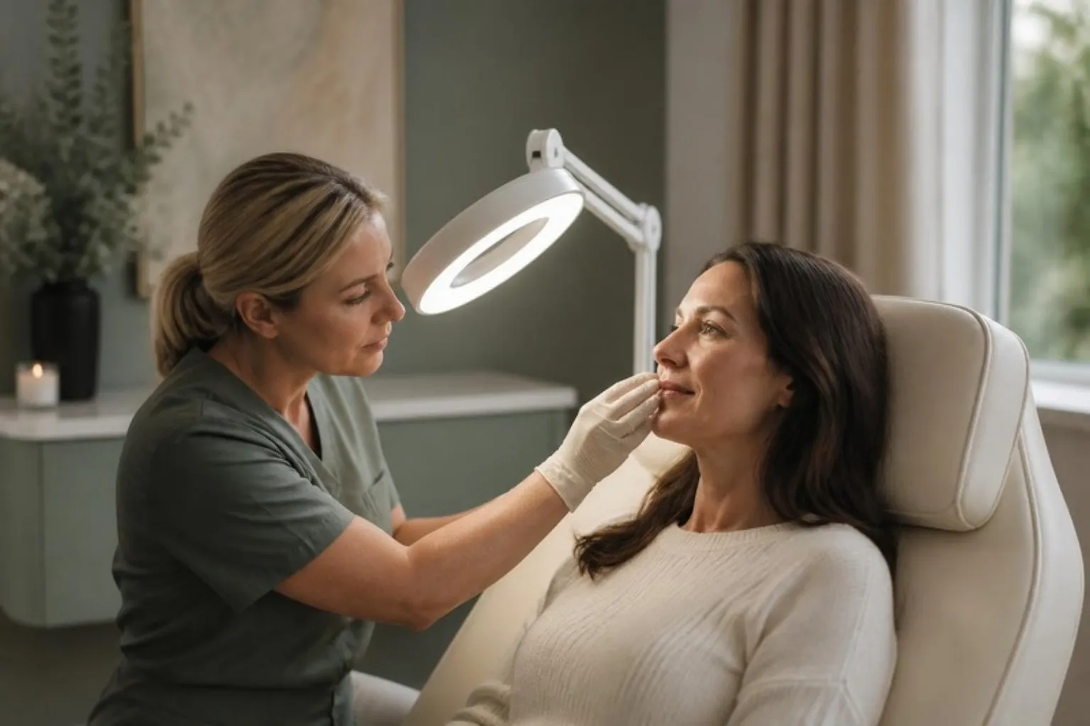 Thread vein removal in Islington, London: clinician assessing facial thread veins under a magnifying lamp