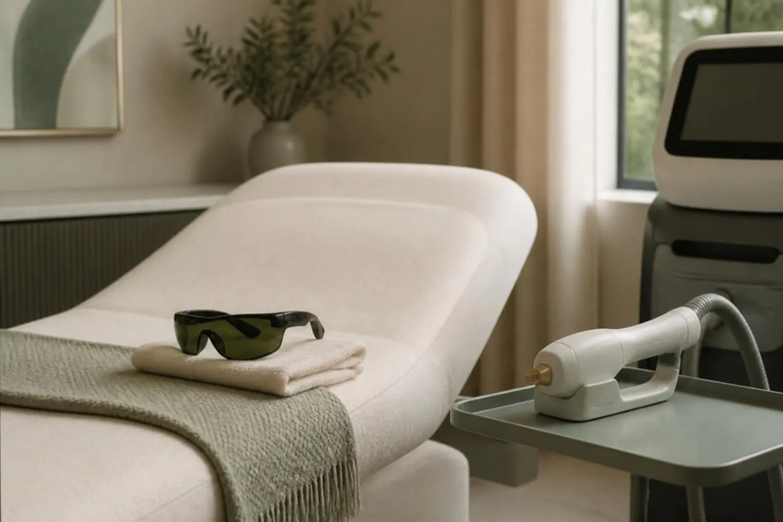 Facial thread vein removal in Islington: calm laser treatment room with protective eyewear and a Lynton handpiece