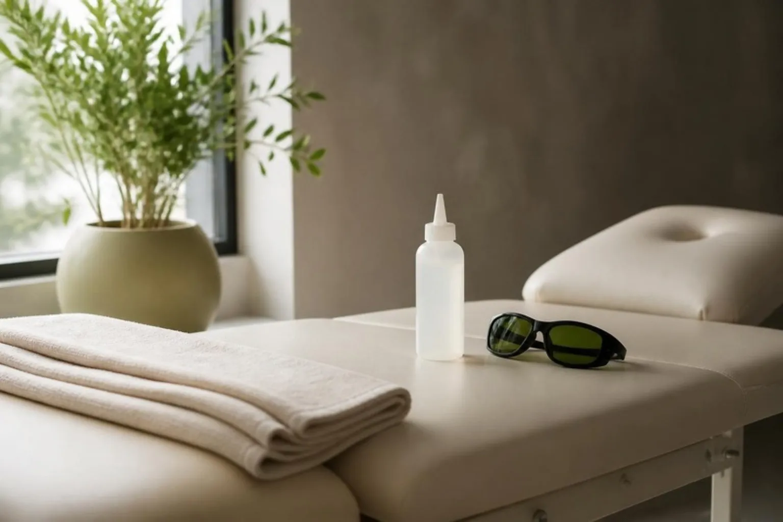 Leg thread vein treatment room in Islington with couch, cooling gel and protective glasses
