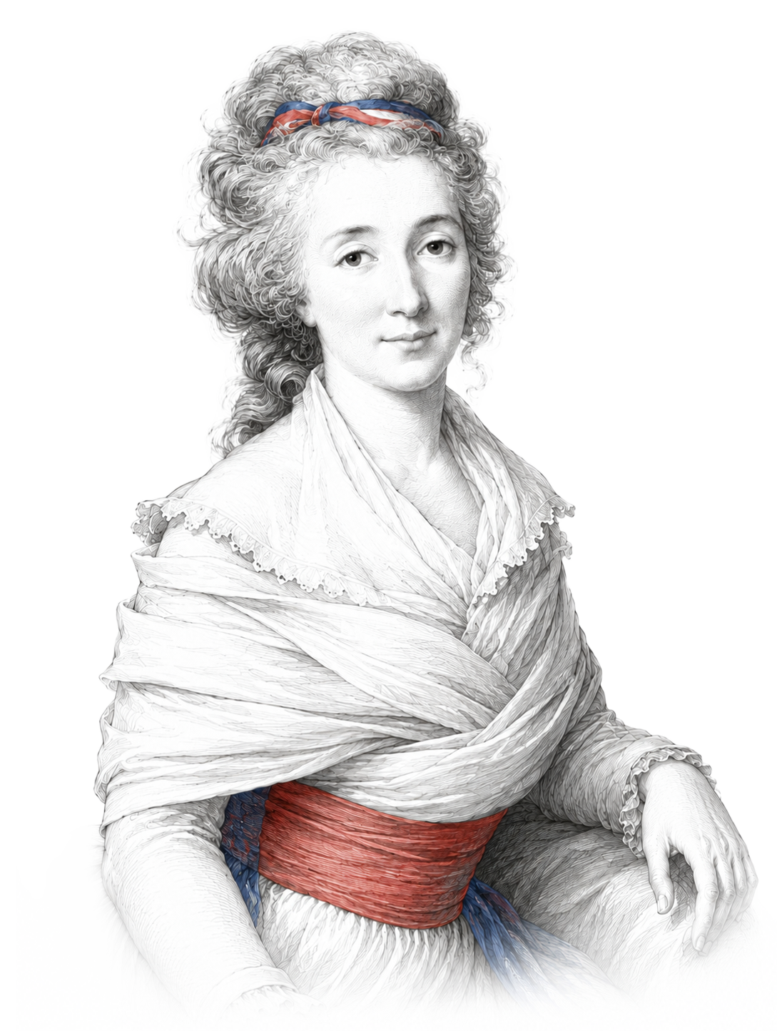 Portrait of a woman with curly, light-colored hair tied with a red and blue ribbon, wearing a white textured shawl over a dress with a wide red sash and a blue underlayer, seated with one hand resting on a surface.