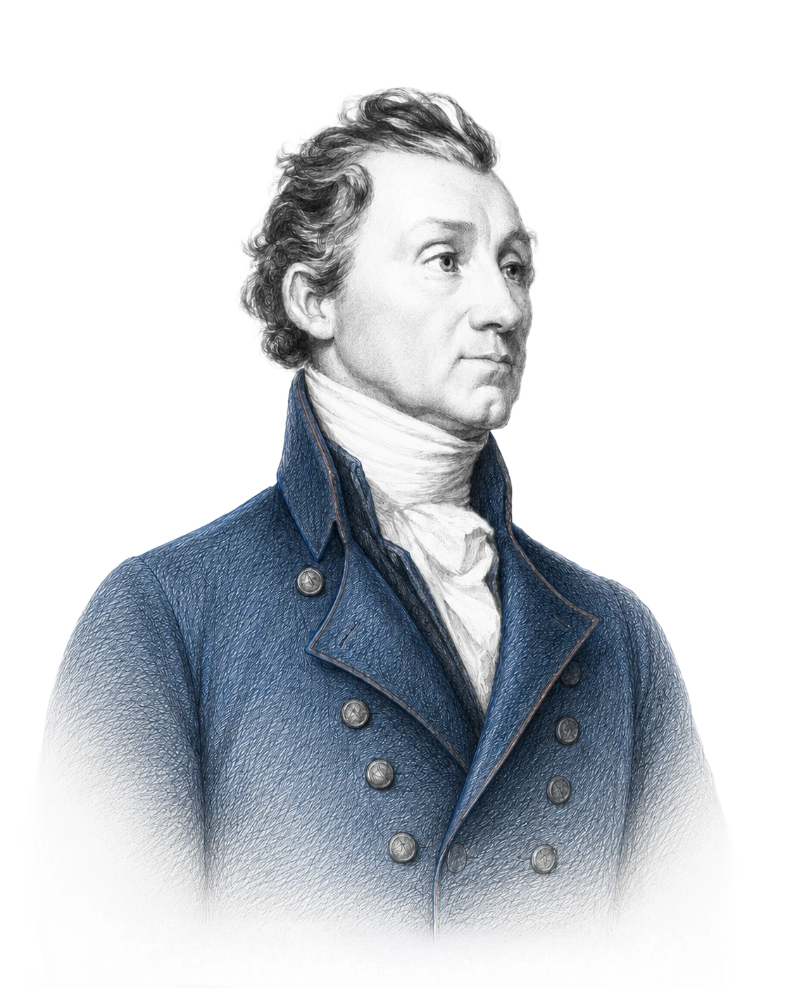 Portrait of a man with early 19th-century style curly hair wearing a high-collared white shirt and a blue double-breasted coat with buttons.