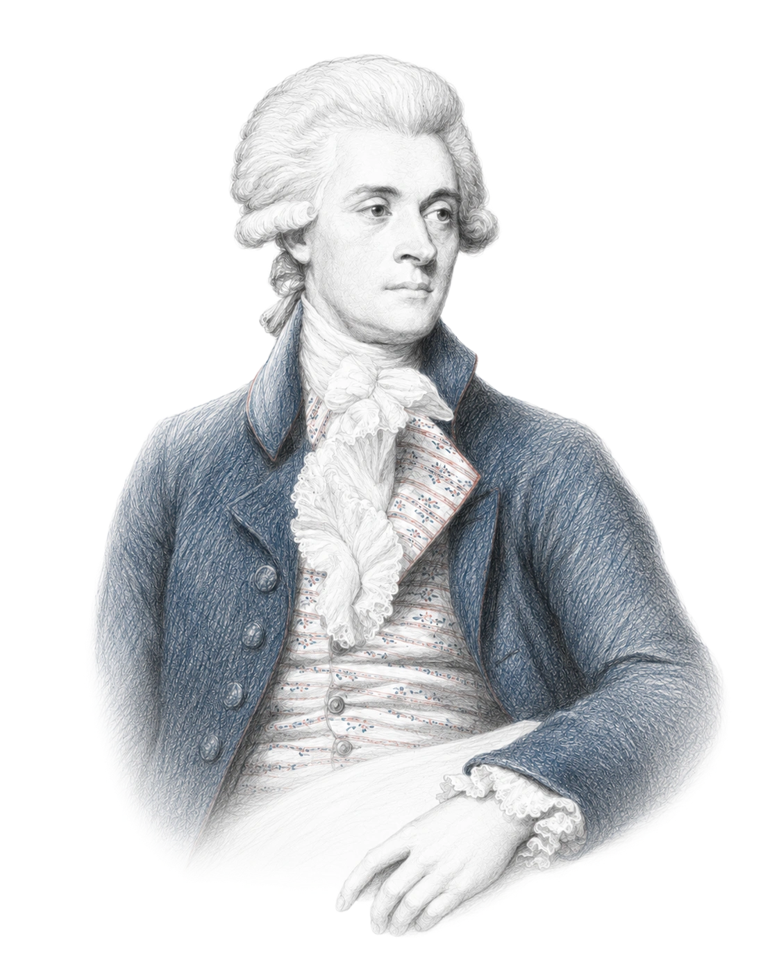 Portrait of a man from the 18th century in elegant attire with a powdered wig, lace cravat, and a blue coat looking slightly to the side.