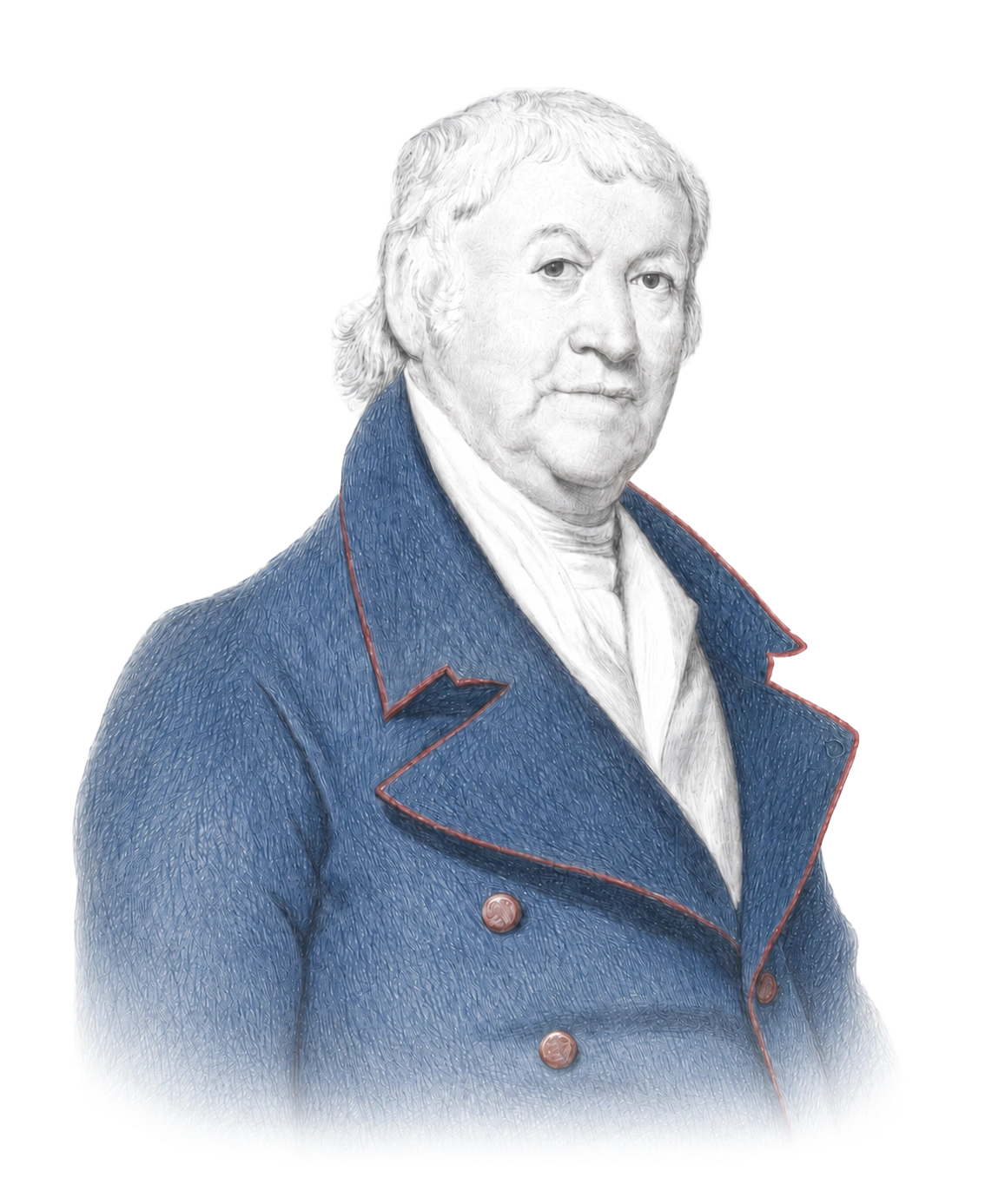 Portrait of an older man with white hair wearing a blue double-breasted coat with red trim and a white cravat, looking slightly to the side.