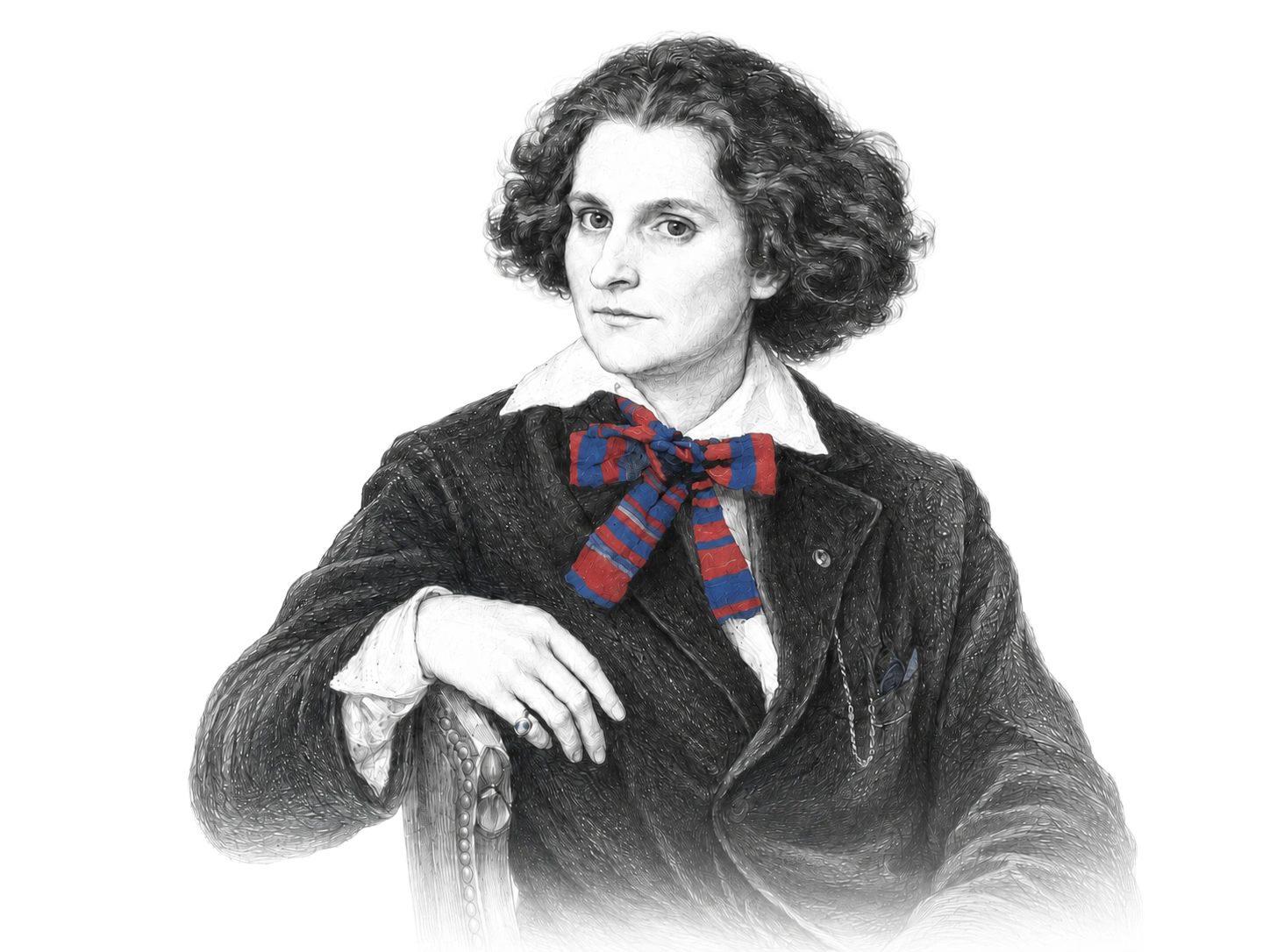 Portrait of a person with curly hair wearing a dark textured jacket, white collared shirt, and a red and blue striped bow tie, seated with one hand resting on a chair.