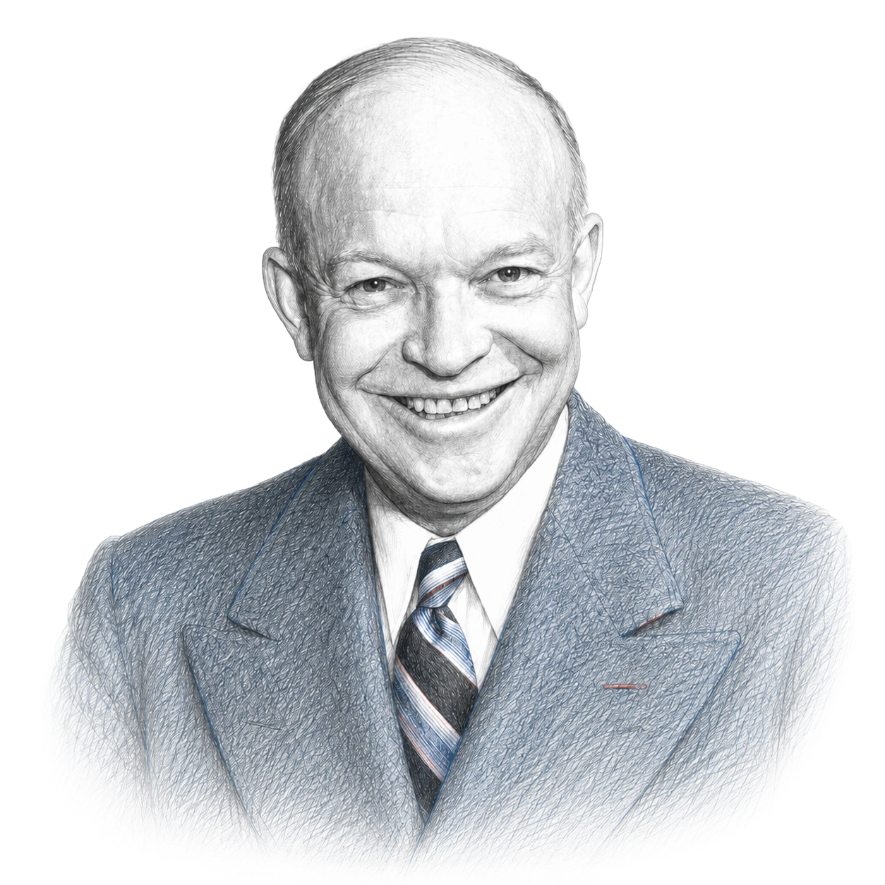 Detailed pencil sketch of a smiling bald man wearing a suit jacket, white shirt, and striped tie.