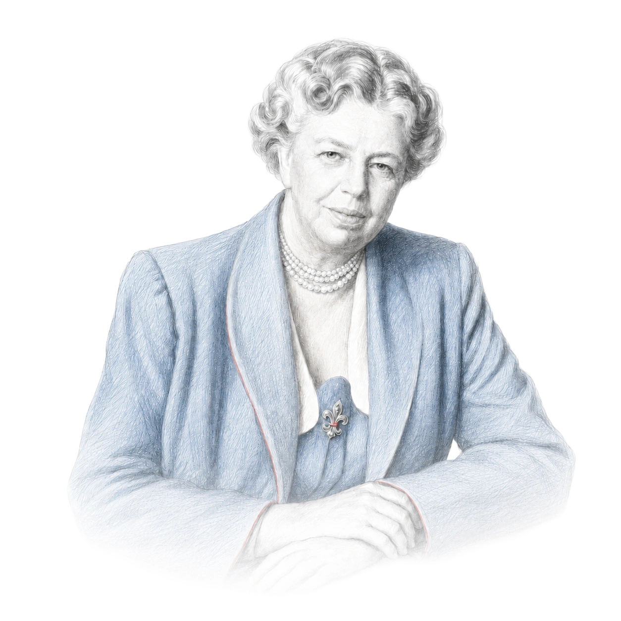 Portrait of an older woman with short curly hair wearing a light blue jacket, a pearl necklace, and a brooch with a fleur-de-lis design, resting her hands in front of her.