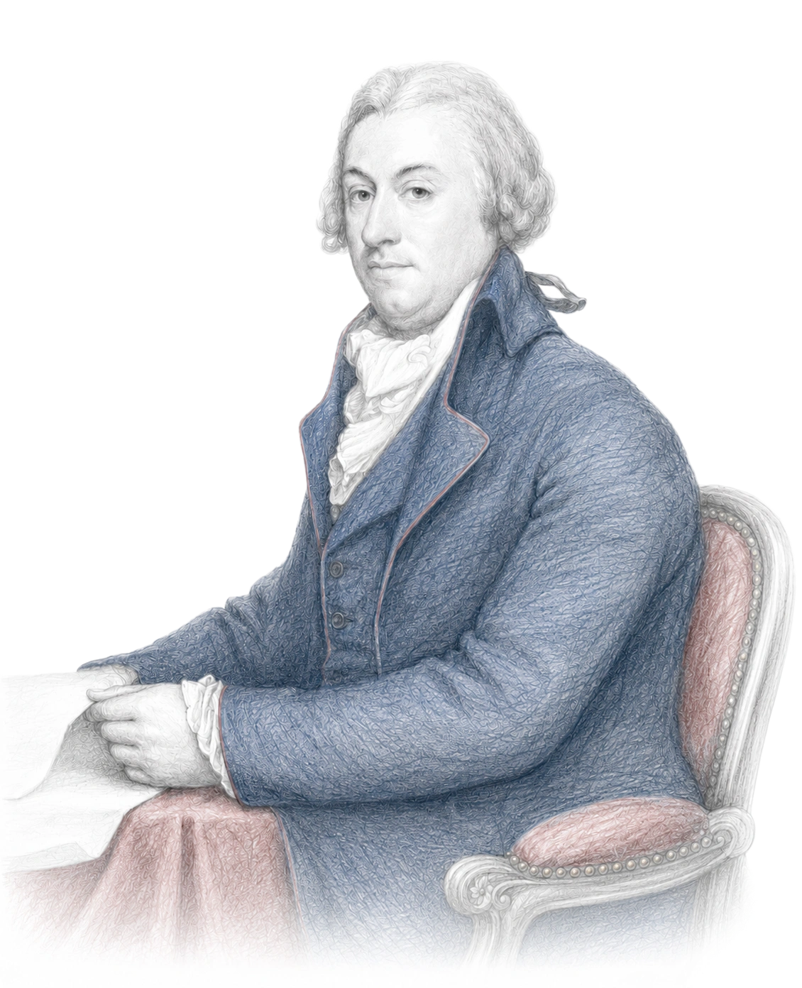 Historical portrait of a man with light curly hair seated in an ornate chair, wearing a detailed blue coat and white cravat, holding a paper on a pink tablecloth-covered table.