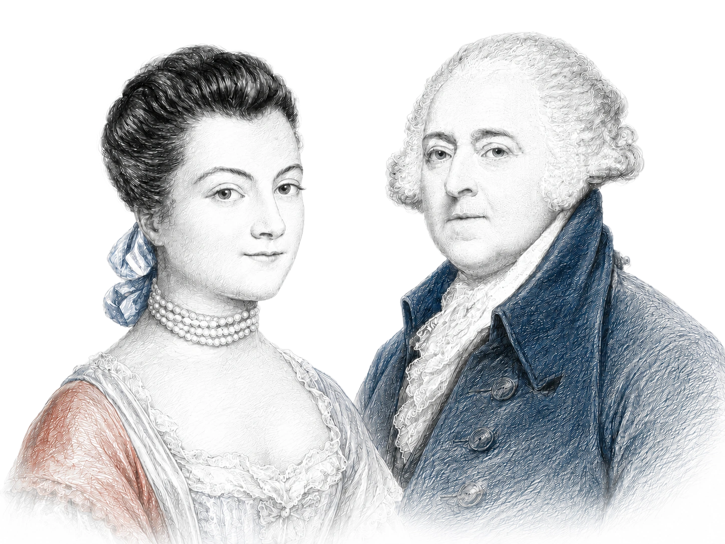 Illustration of a man and a woman from the 18th century; the woman has dark hair tied with a blue ribbon, wears a pearl necklace and a lace-adorned pink and white dress, and the man has white hair, wearing a blue coat with a white ruffled shirt.