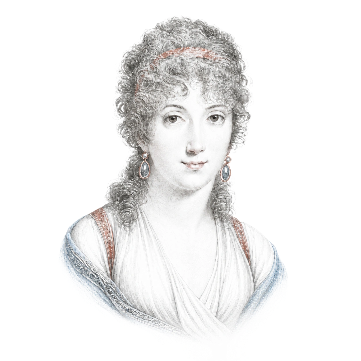 Portrait of a woman with curly hair held back with a ribbon, wearing drop earrings and a draped white garment with a blue shawl.