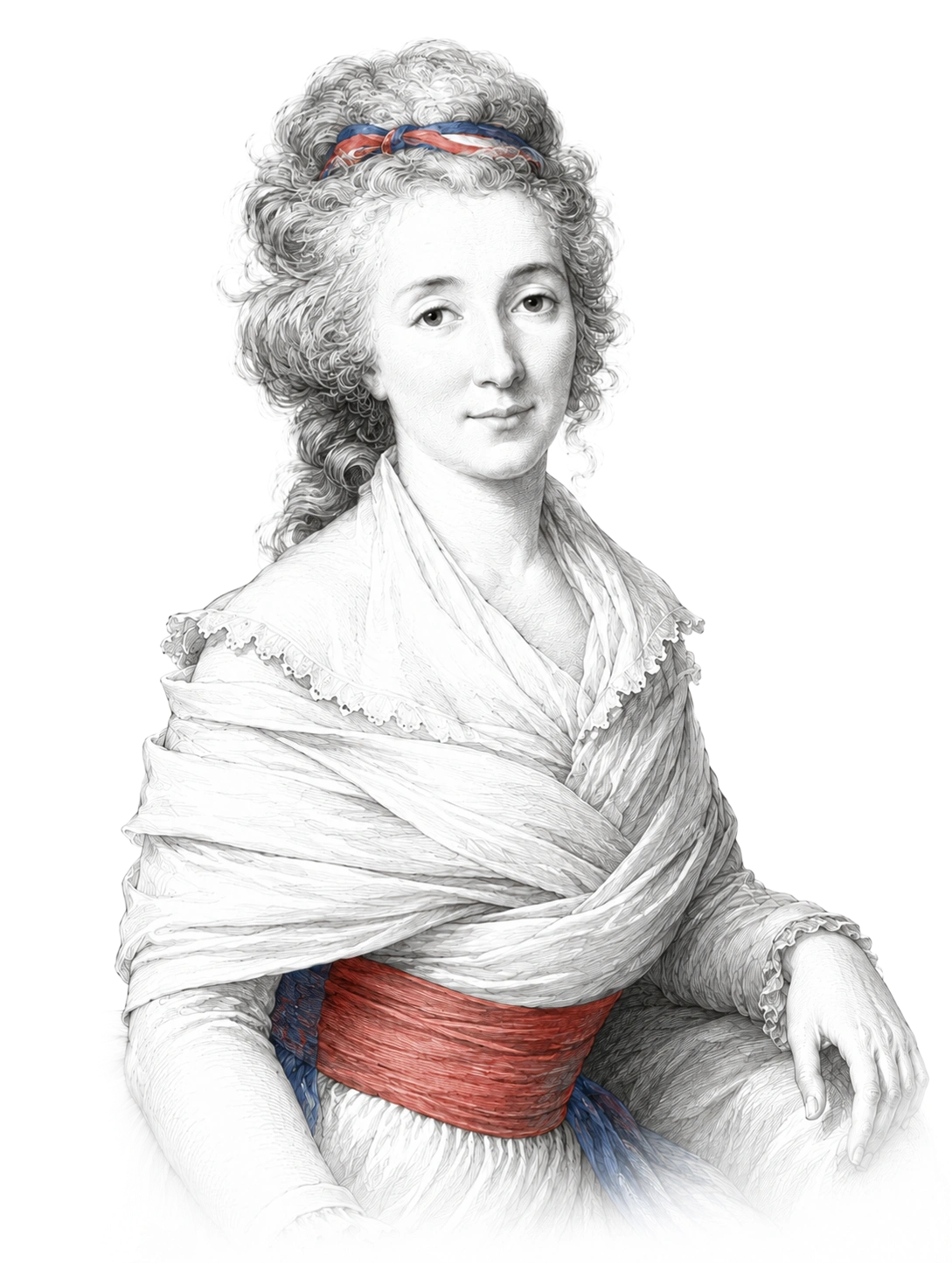 Black and white detailed drawing of a woman with curly hair tied back with a blue and red ribbon, wearing a white shawl and dress with a wide red sash around her waist, sitting with a calm expression.