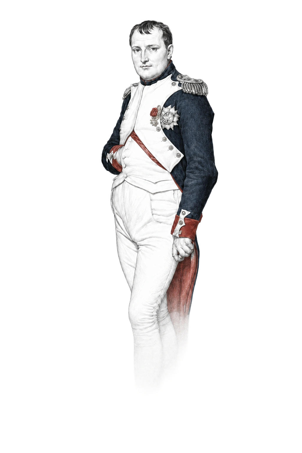 Portrait of a man in historical military uniform with a blue jacket, white trousers, and medals, standing with one hand tucked into his chest.
