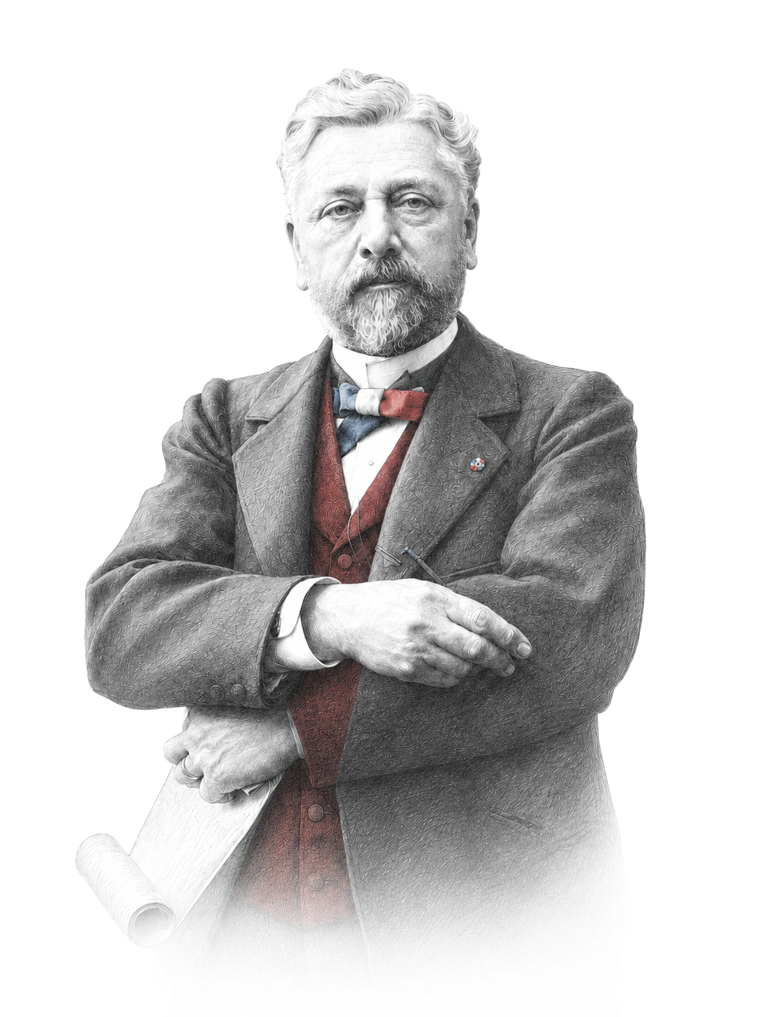 Portrait of a distinguished elderly man with white hair and beard, dressed in a suit with a red vest and a bow tie in red, white, and blue colors, holding a rolled paper scroll and a glasses frame.
