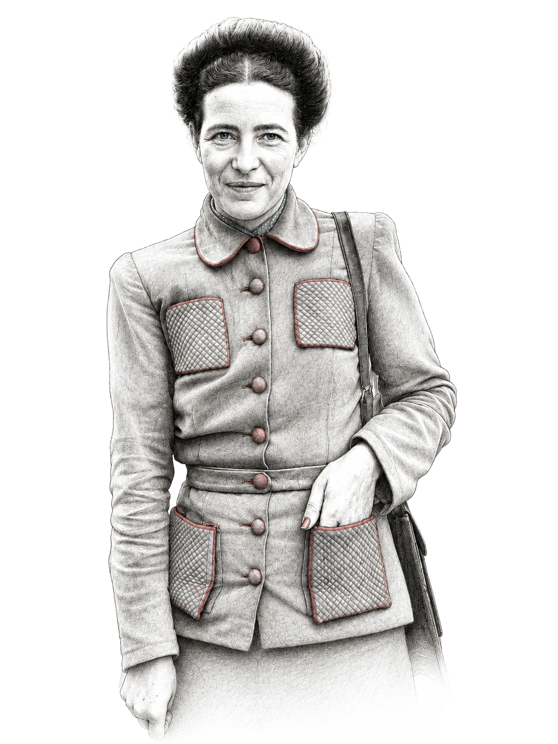 Black and white photo of a woman with dark curly hair styled back, wearing a buttoned jacket with four quilted front pockets and a handbag strap over her shoulder, looking directly at the camera with a slight smile.