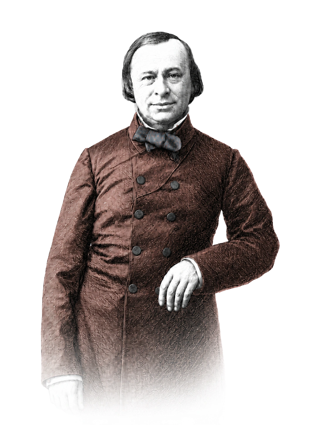 Portrait of a historical man with neatly combed hair wearing a double-breasted brown coat and a bow tie, with one hand resting on his waist.