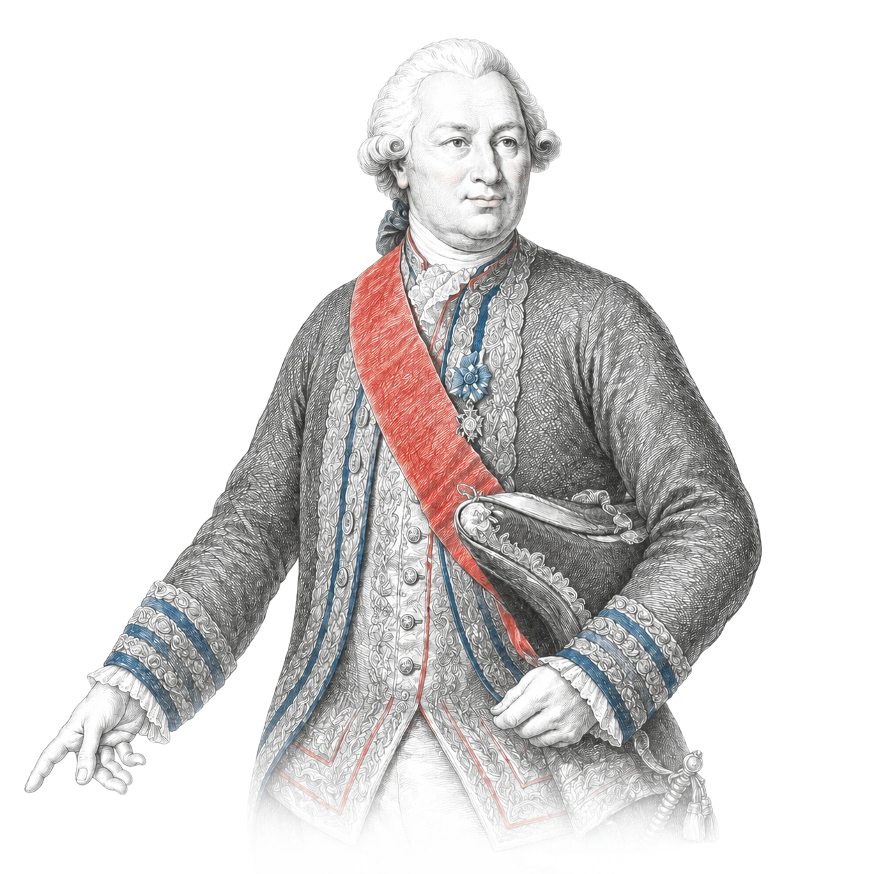 Illustration of a dignified 18th-century man with powdered hair, dressed in an ornate embroidered coat with blue and red trim, wearing a red sash and medals, holding a tricorn hat under his arm, and pointing downward with his left hand.