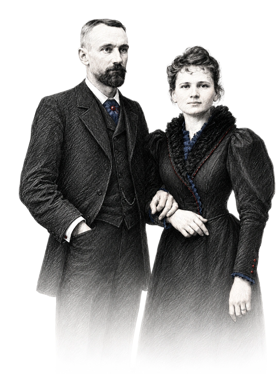 Black and white sketch of a man and woman standing side by side wearing late 19th-century formal attire; the man has a beard and mustache and is wearing a three-piece suit with a pocket watch chain, while the woman has her hair up and is wearing a dark dress with puffed sleeves and fur trim.