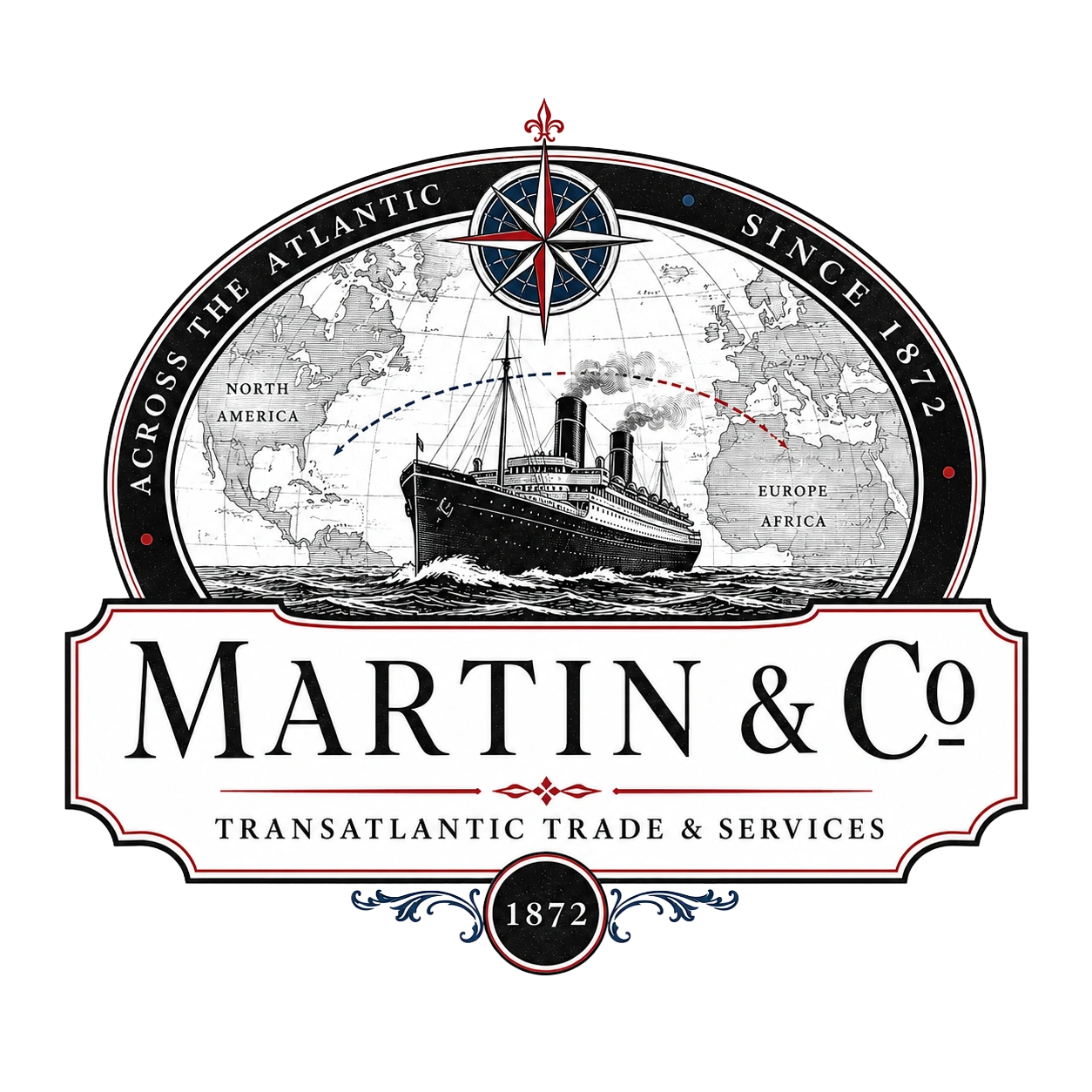 Vintage-style logo featuring a black steamship crossing the Atlantic Ocean between North America and Europe/Africa, with a compass rose above and text 'Across the Atlantic Since 1872' and 'Martin & Co Transatlantic Trade & Services 1872'.
